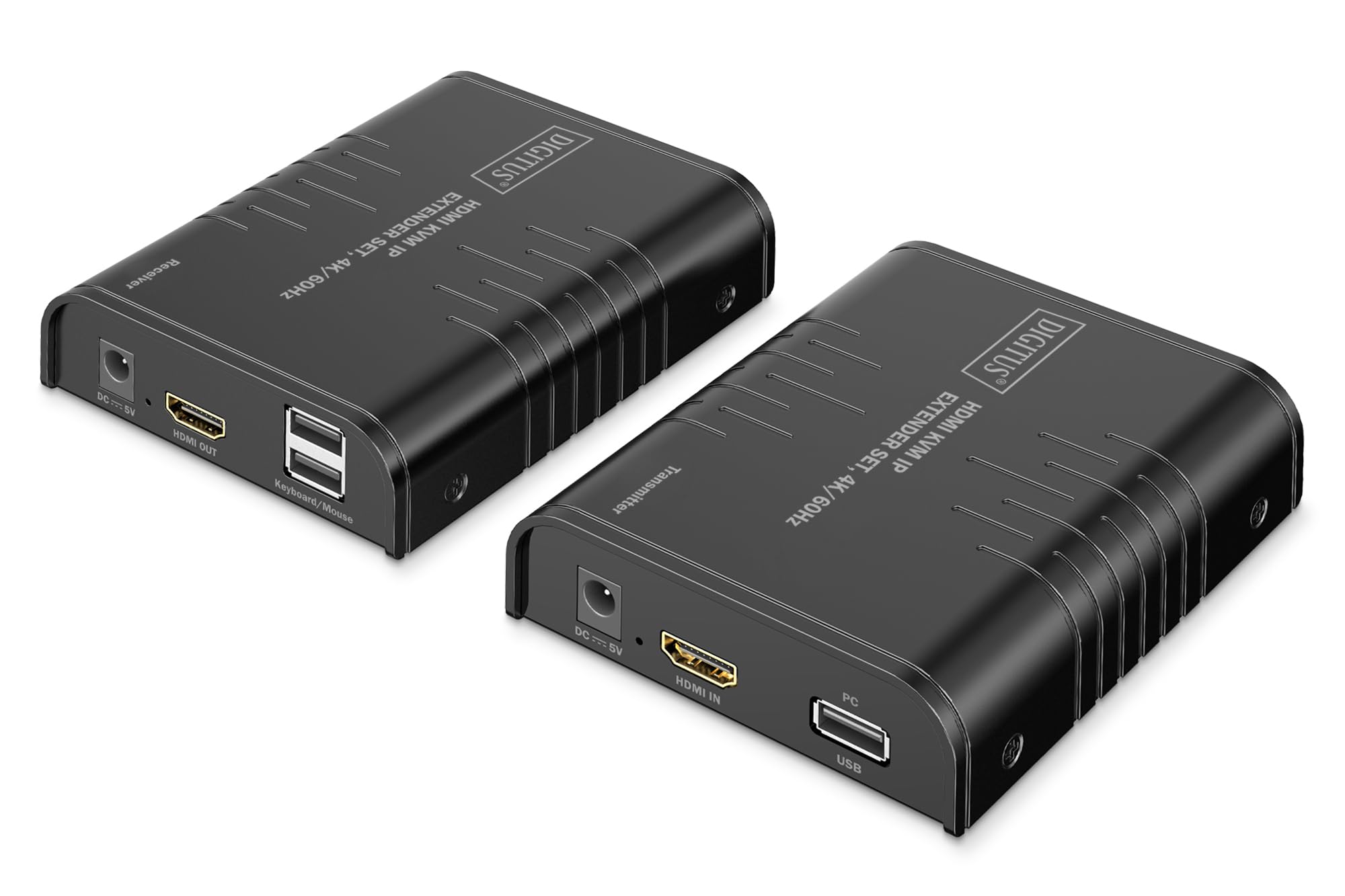 DIGITUS HDMI KVM IP Extender Set – UHD 4k 60Hz – 40 m de alcance – HDMI 2.0 – transmisor y receptor – hasta 253 receptores – 2x USB para ratón y teclado – punto a punto – CAT 6 – negro