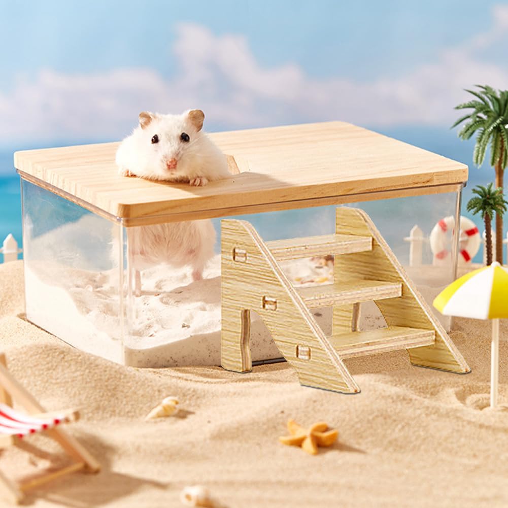 PLUSHCEWT Hamster Sand Bath Bathtubs,Transparent Hamster Bathroom with Ladder,Hamster Cage Accessories for Hamster Sand Bath Syrian,Hamster Bathtub for Syrian Hamster Guinea Pig Rat Mice (Rectangle)