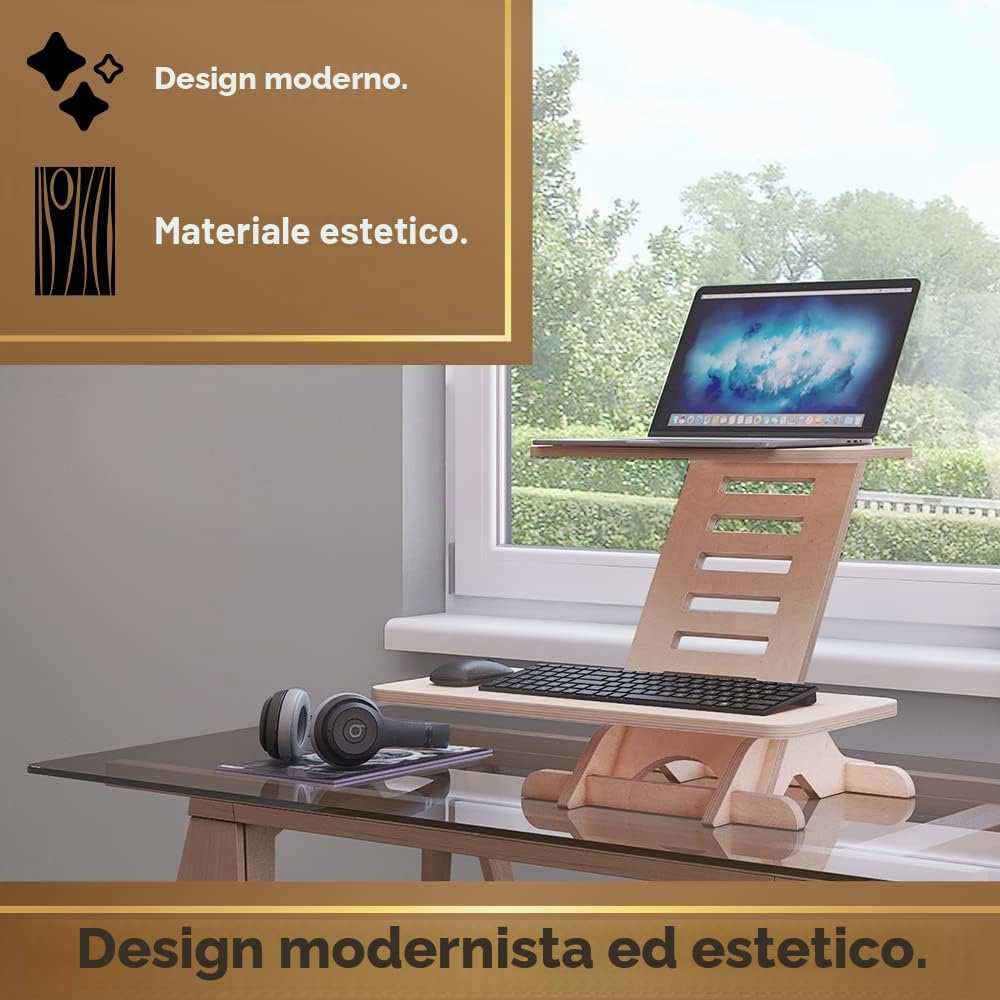 Supporto per computer portatile in legno, con supporto e scrivania in piedi, prodotto in UE