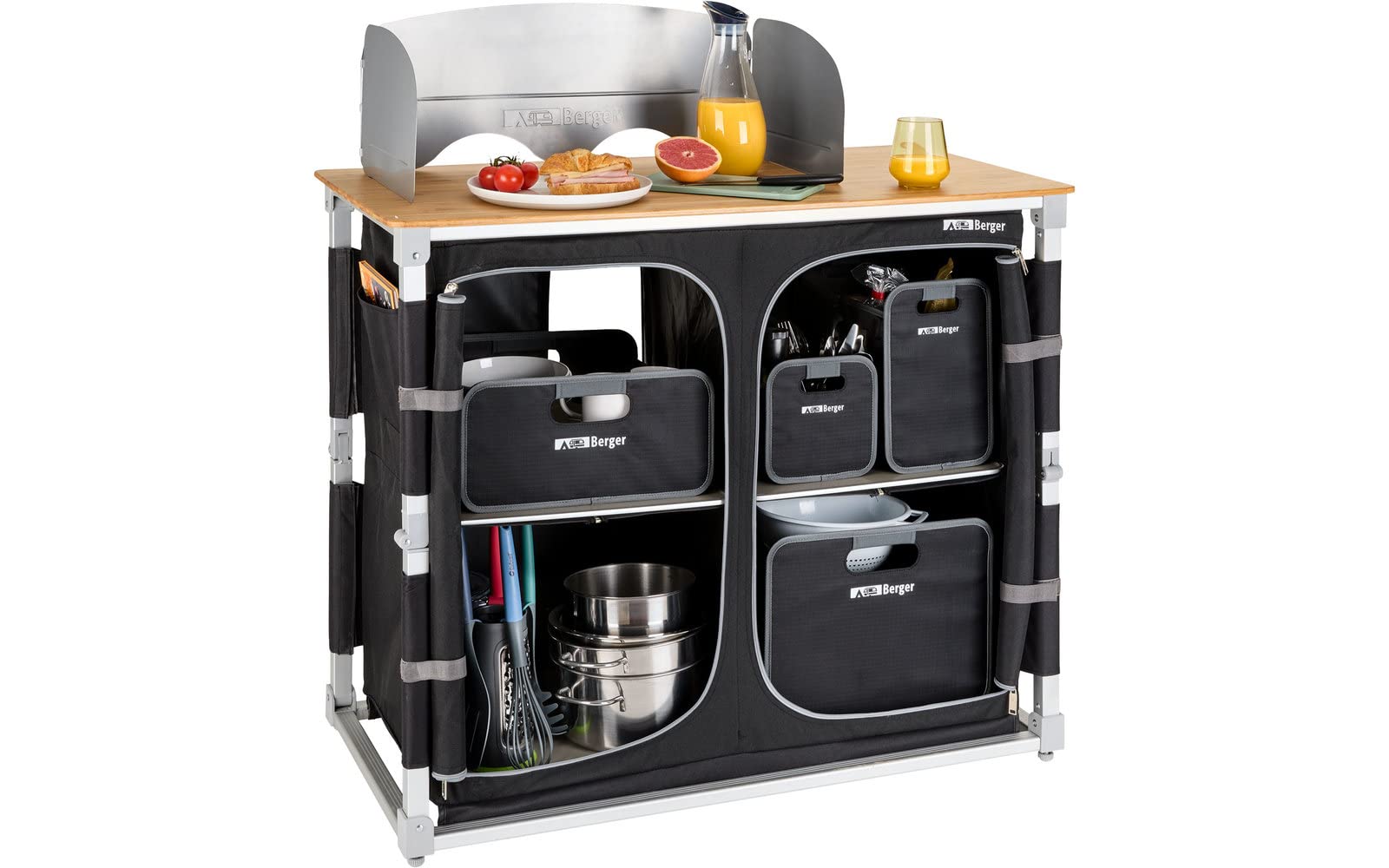 Berger Deluxe | Mueble de Cocina de Camping, Cocina Plegable con Encimera de Bambú, Armario de Almacenamiento con 4 Compartimentos, Protector de Viento y Bolsa de Transporte, Estructura de Aluminio