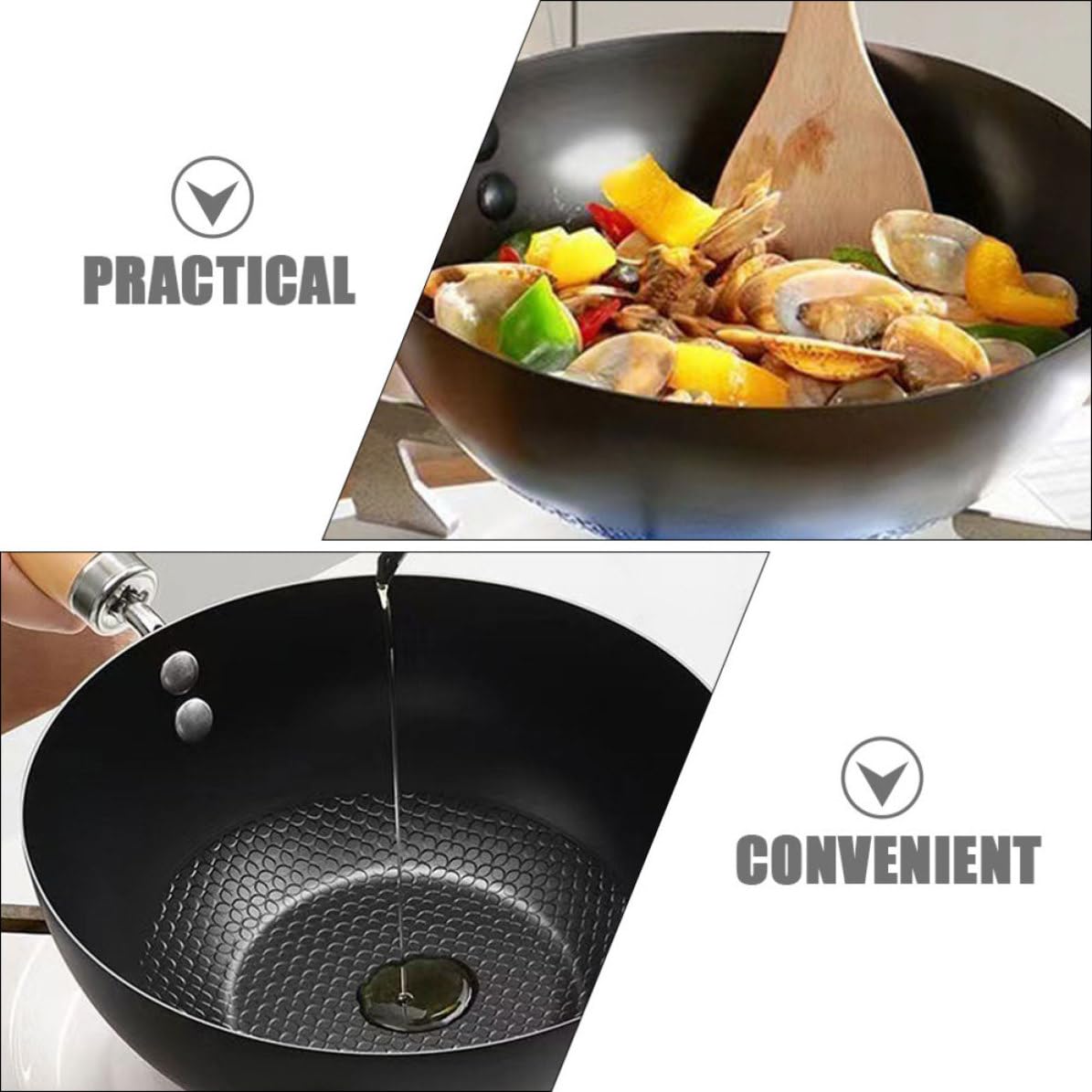 INOOMP Wok Piccolo in Ferro senza Rivestimento Antiaderente Fondo Piatto per Cucinare e Friggere su Fornelli a Gas, Design Versatile Manico in Legno, per Uso Domestico