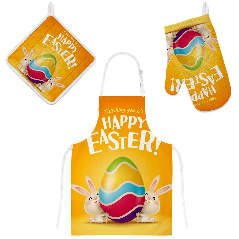 Tablier de cuisine polyester jaune avec motif œuf de lapin pour adulte taille unique
