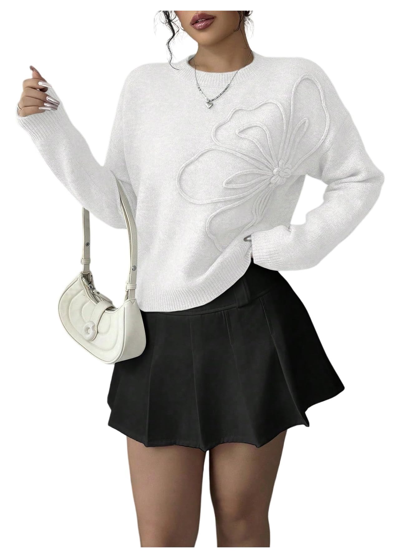 RoseSeek Women's 3D Floral Appliques Sweaters Long Sleeve Knit Tops