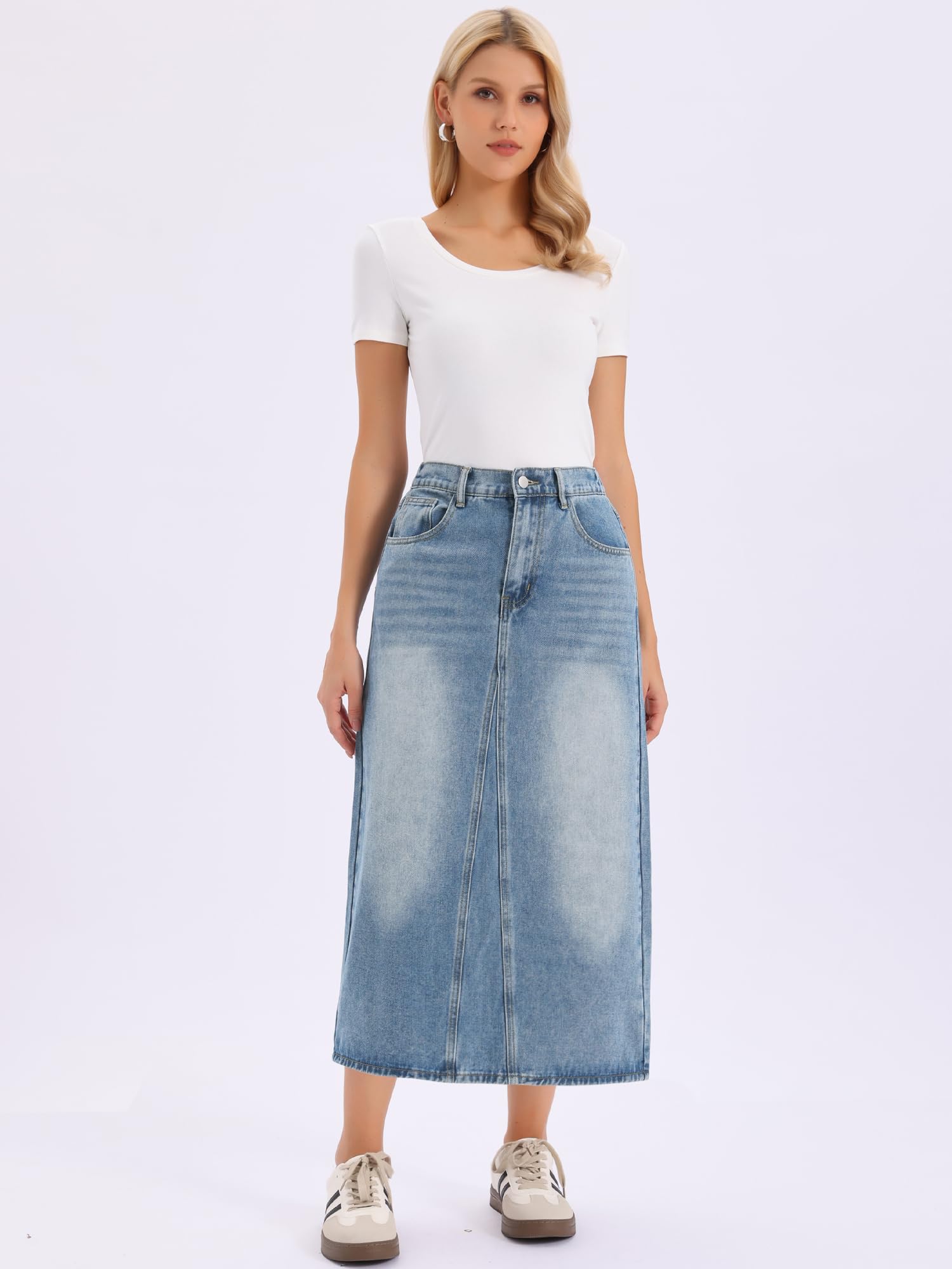 Allegra K Femme Jupe Longue en Jean Taille Haute Coupe Trapèze | Délavé Coupe Trapèze 5 Poches Style Polyvalent Décontracté Printemps Été