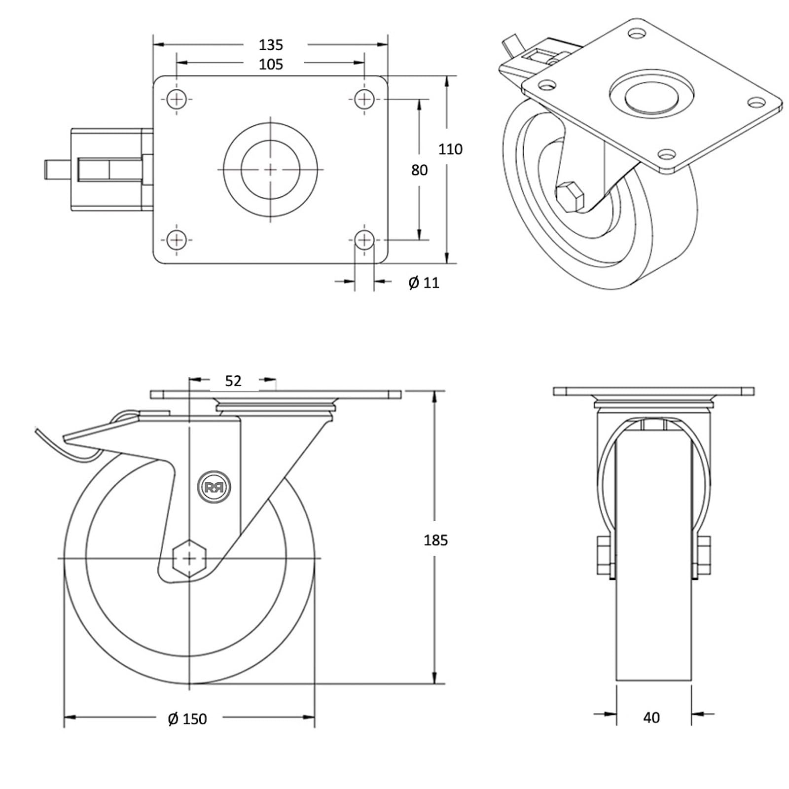 Lot de 4 roulettes pivotantes à frein et fixes polyamide blanc 150 mm - 1050 Kg