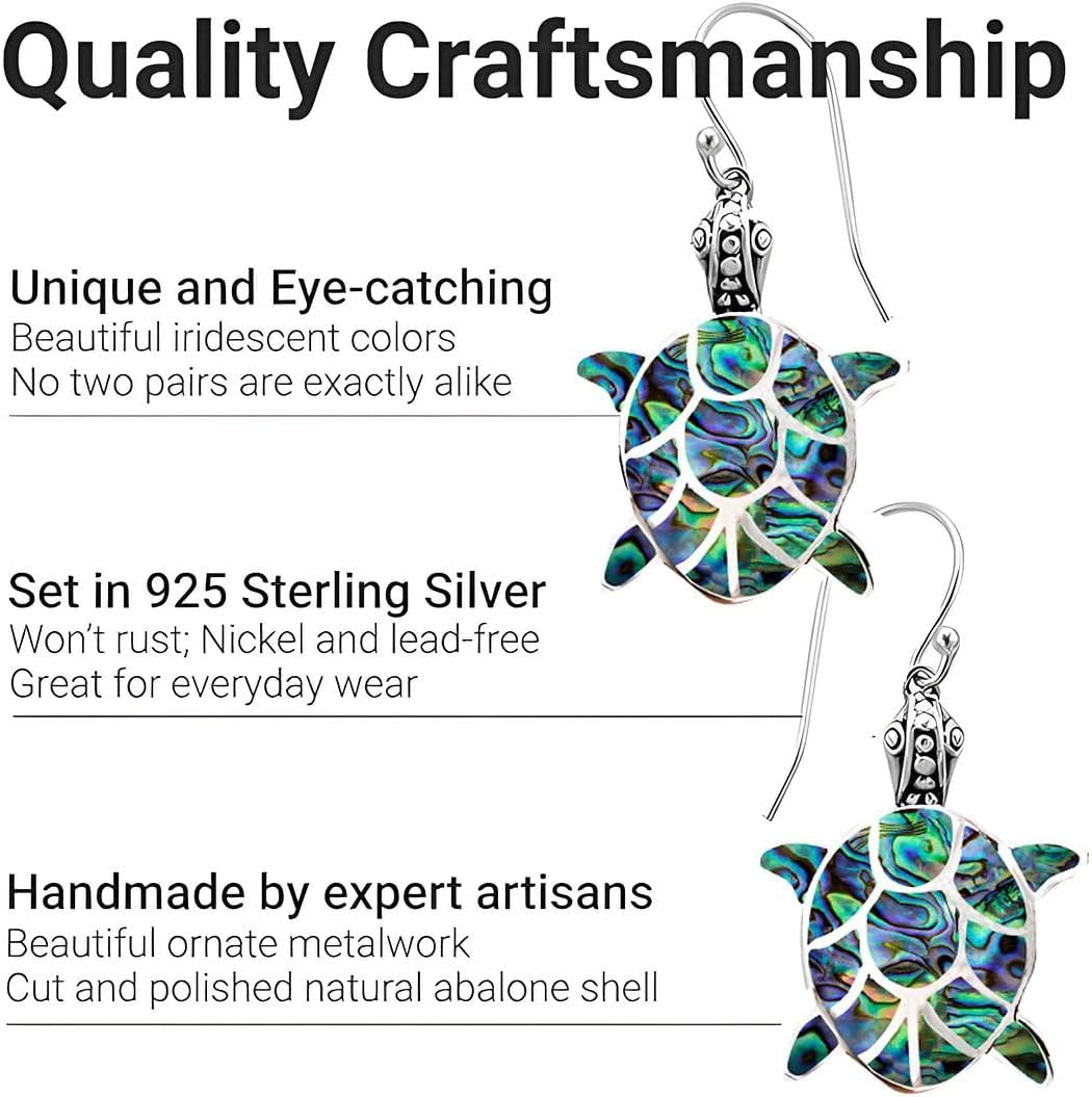 Genuine Handmade Abalone Shell Dangle Earrings for Women in 925 Sterling Silver - Natural Sea Turtle Boho Jewelry for Women - In Turtle, Dragonfly, & Butterfly Styles Anniversary Gifts - Image 4
