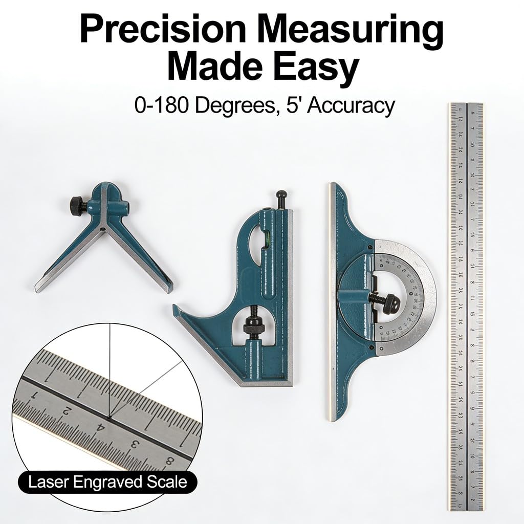 Universal Bevel 180 Degree Angle Combination Square Protractor Ruler Set, Stainless Steel, Precision Engraved Scales - Heavy Duty Construction, Fine Adjustment, Ideal for