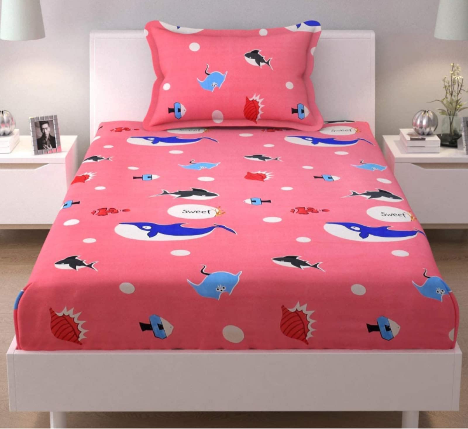 Glace Cotton Kids Favourite Character Digital Print 1 Single bedsheet with 1 Pillow Cover for Kids Room (Peach, Fish)-picture-28