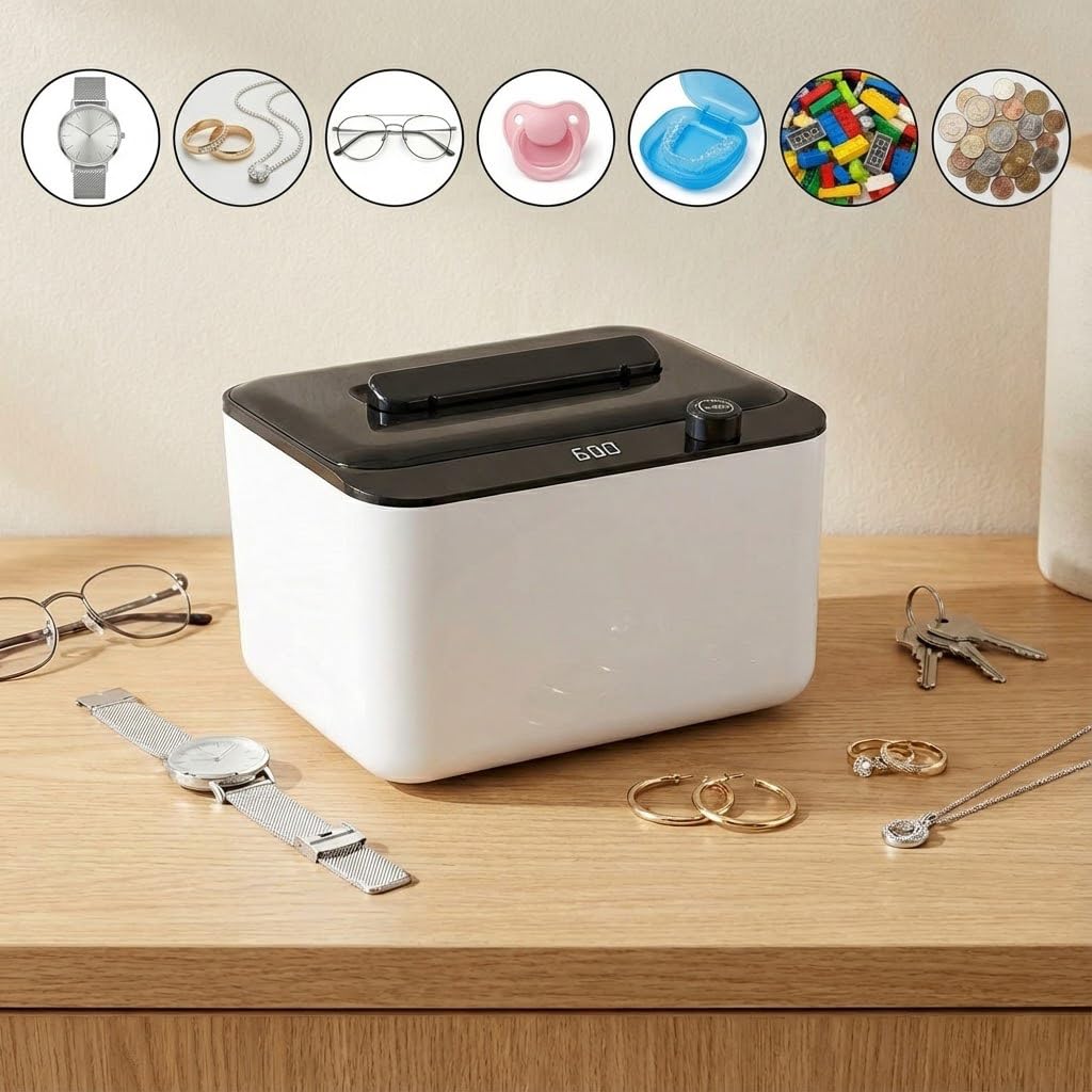 Limpiador ultrasónico, limpiador ultrasónico de joyas de 45 kHz, limpiador dental para joyas, anillos, lentes, correa de reloj, máquina de limpieza de dentaduras postizas con 6 modos de tiempo