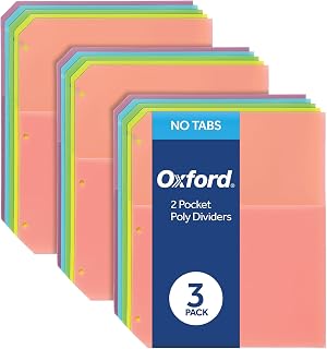 Oxford Poly Binder Dividers, Double Pocket, 3 Hole Punch Organizers, Pastel Colors, 5 Untabbed Non-Stick Organizers, Pack of 3 Index Dividers (59801)