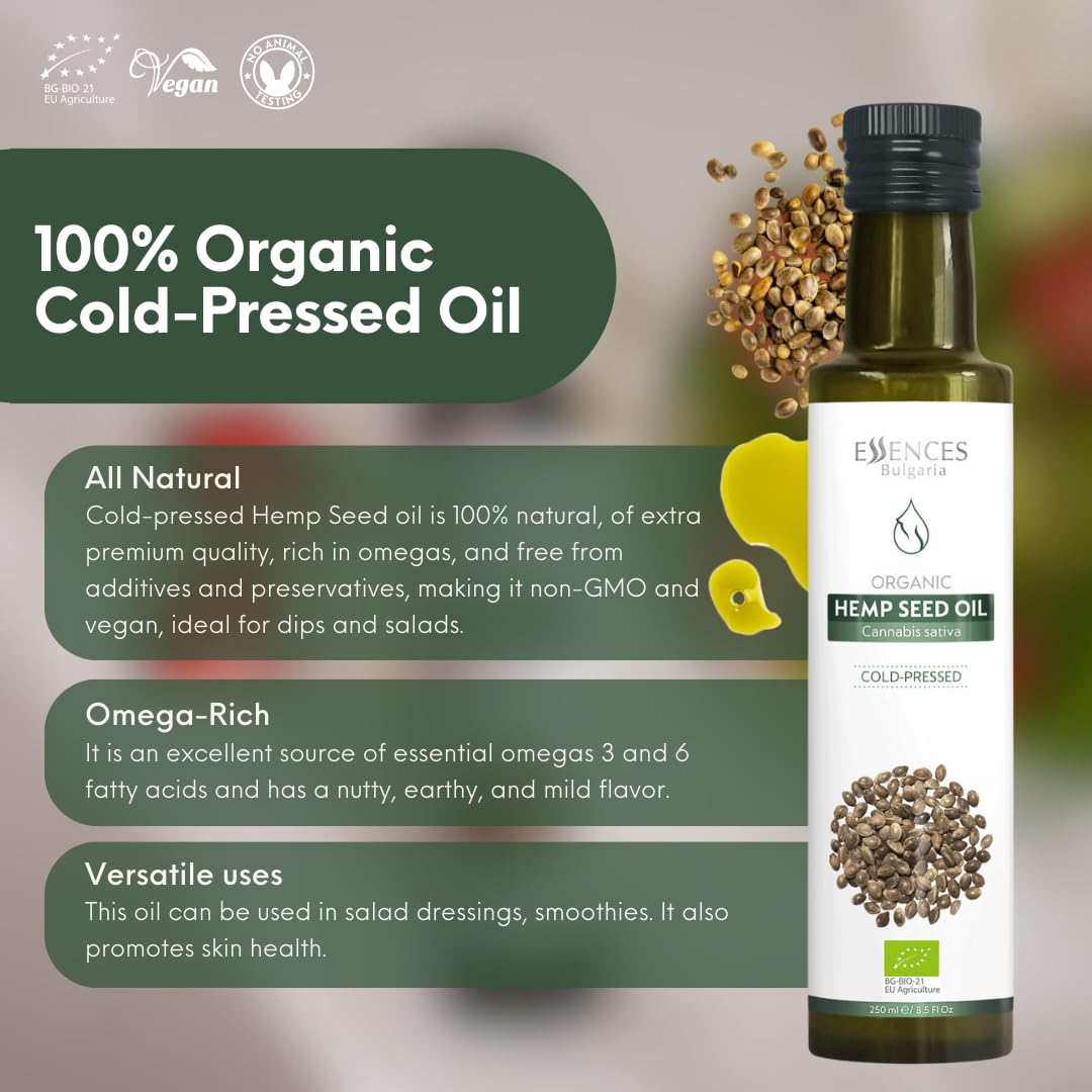 Essences Bulgaria Aceite de Semilla de Cáñamo Orgánico 250ml| Aceite 100% Natural Prensado en Frío | Calidad Extra Premium | Rico en Omegas | Ensaladas | Sin Aditivos ni Conservantes |Sin OMG | Vegano