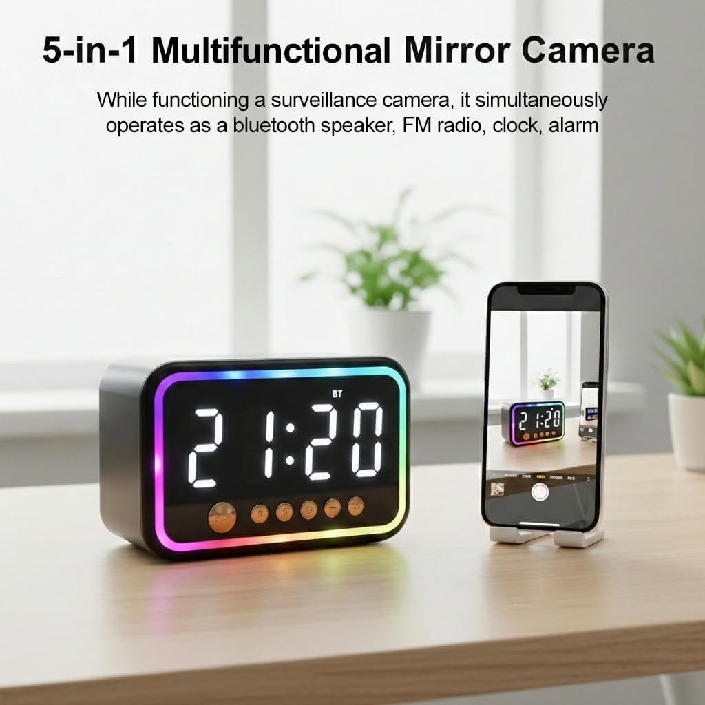 ULar 4K Camera Wireless Clock USB-Powered Picture Taking Cam–Motion Detection Pet Monitors for Home Indoor Security Cameras Support App Remote Colorful Alarm Clock - No Audio