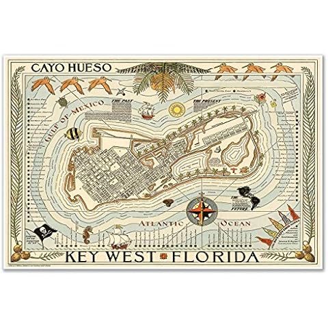 Antiguos Maps Cayo Hueso - Key West Florida Illustrated Pictorial Art Print circa 1940 | Art Print Poster Vintage Wall Decor | 24 x 36 inches (610 x 915 mm) Cover