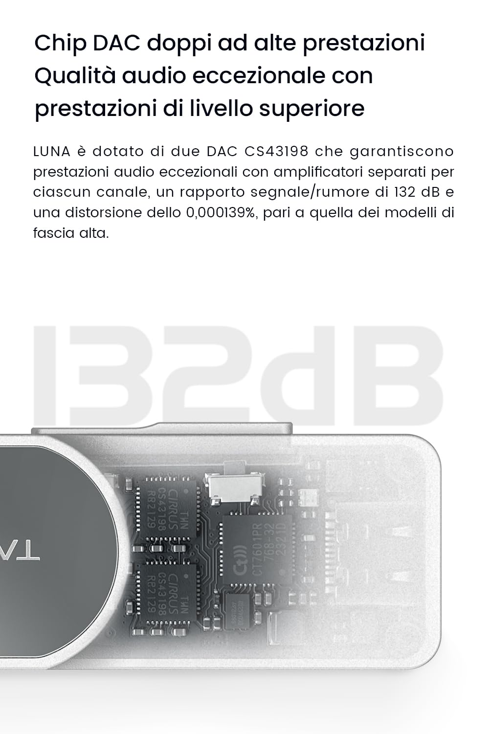TANCHJIM Luna Amplificatore cuffie portatile USB HiFi con DAC duale CS43198 ad alta risoluzione, decodifica 32Bit/768kHz DSD256, uscite 4.4mm e 3.5mm per smartphone/PC/laptop/lettori audio domestici