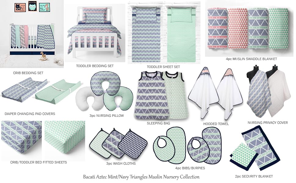 Image of Bacati - Tribal /Aztec Cotton Muslin Fabric Hooded Towels /Wash Cloths(Set of 3) (Set of 3 Wash Cloths, Feathers /Triangles Mint /Navy)