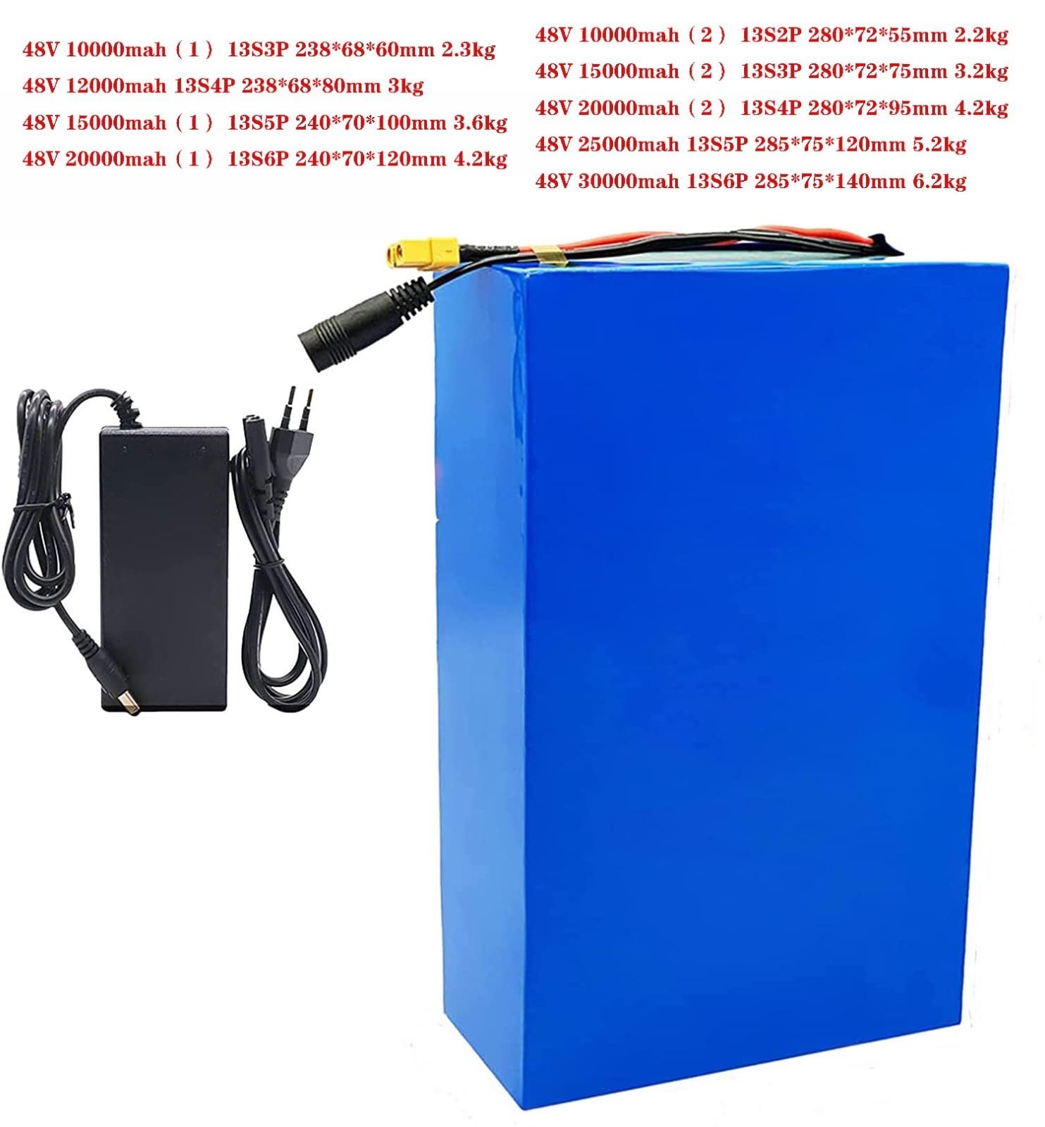 Batterie Au Lithium 48V 10Ah 12AH 15AH 20AH 25AH 30AH Batterie De Vélo Électrique Scooter De Vélo Électrique pour Moteur De 200W À 1200W Batterie Haute Puissance avec Chargeur 48V 12AH,XT60