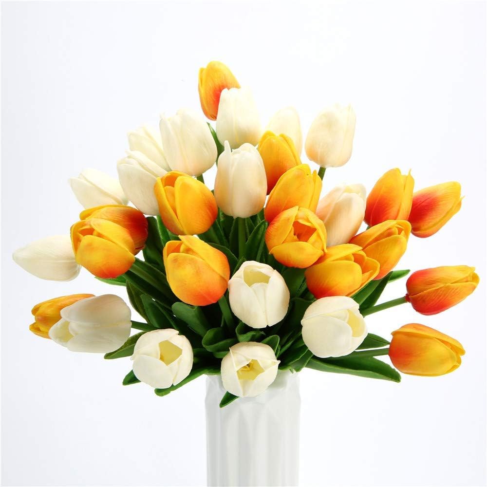 YATUOPNG Artificial Plant In Pot-Real-Touch Tulip Flowers Home Wedding Party Decor(White and Yellow)