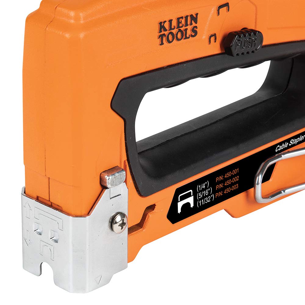 KLEIN TOOLS Strapazierfähiges Heftgerät für Sprach-, Daten-, Video- und nichtmetallisch ummanteltes (Romex)-Kabel, passend für Heftklammern 450-100, Orange, Schwarz, 1/4, 5/16 und 19/32 Zoll