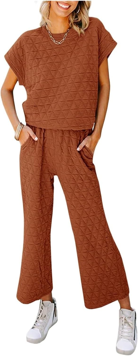 Women's Two Piece Solid Color Quilted Sweatshirt Set - 11 Colors, Comfortable Sweatshirt sweat suits for womens 2 piece