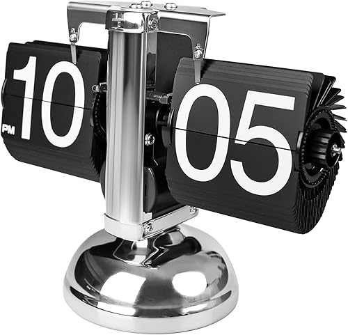 Miniatura 10 de Reloj de Escritorio Abatible (Madera Blanca), Reloj de Mesa Retro Vintage con Volteo Automático hacia Abajo, Números Grandes, Mecánico a Pilas con