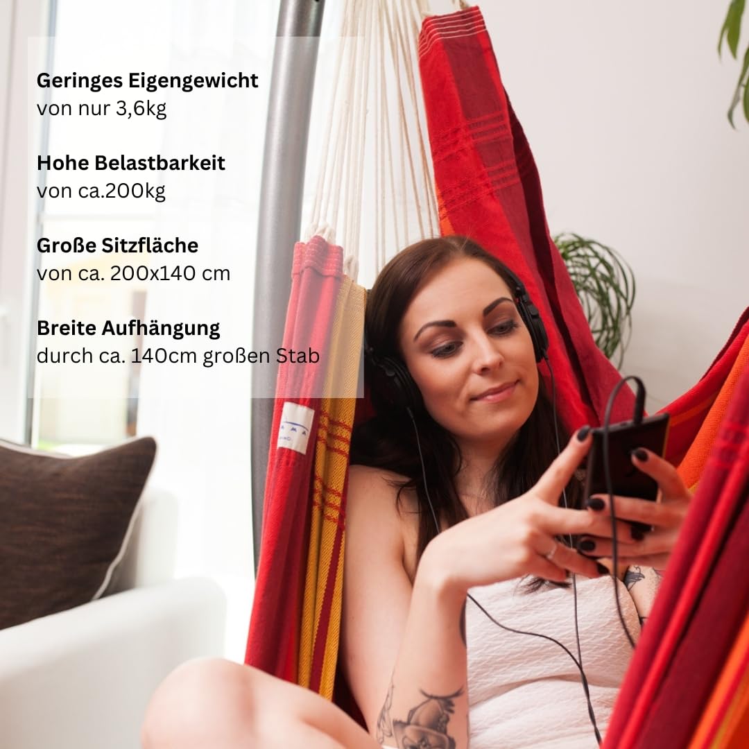 AMAZONAS - XXL Hängesessel Brasil Gigante | Hängesessel ohne Gestell mit großer Sitzfläche, handgefertigt in Brasilien | Belastbar bis 200 kg; Sitzfläche 2m x 1,4m; Stablänge 1,4m | Farbe: Lava
