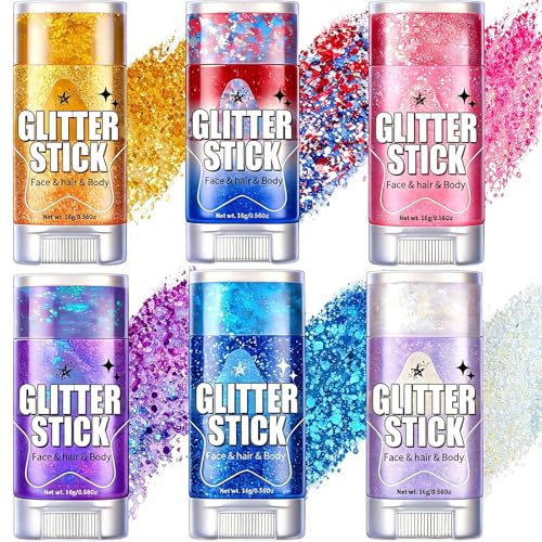 AROIC Body Glitter Stick- 6 Pack Patriotic Red White and Blue Face& Hair Glitter 4th of July Outfits Rave Accessories USA Flag Sparkling Face Makeup for Women Independence Day Festival Concert Party