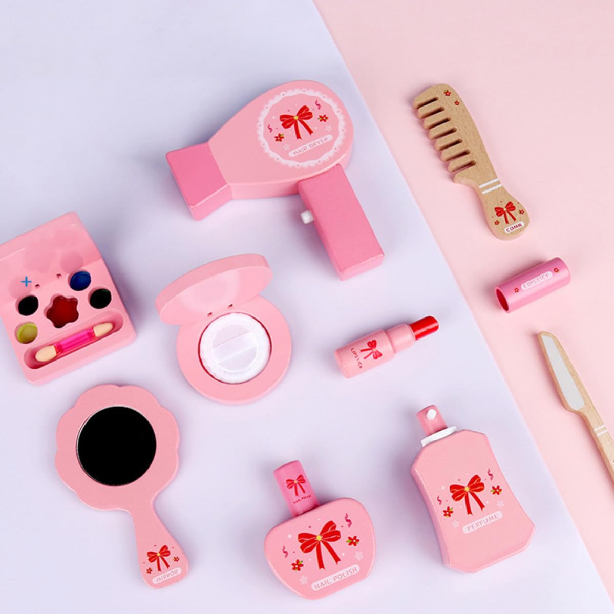 TEHAUX Giocattolo Trucco in Legno e Plastica, Kit Cosmetico Rosa per Sviluppare Coordinazione Occhio-mano e Sensibilità ai Colori, per Gioco Domestico e Compleanni
