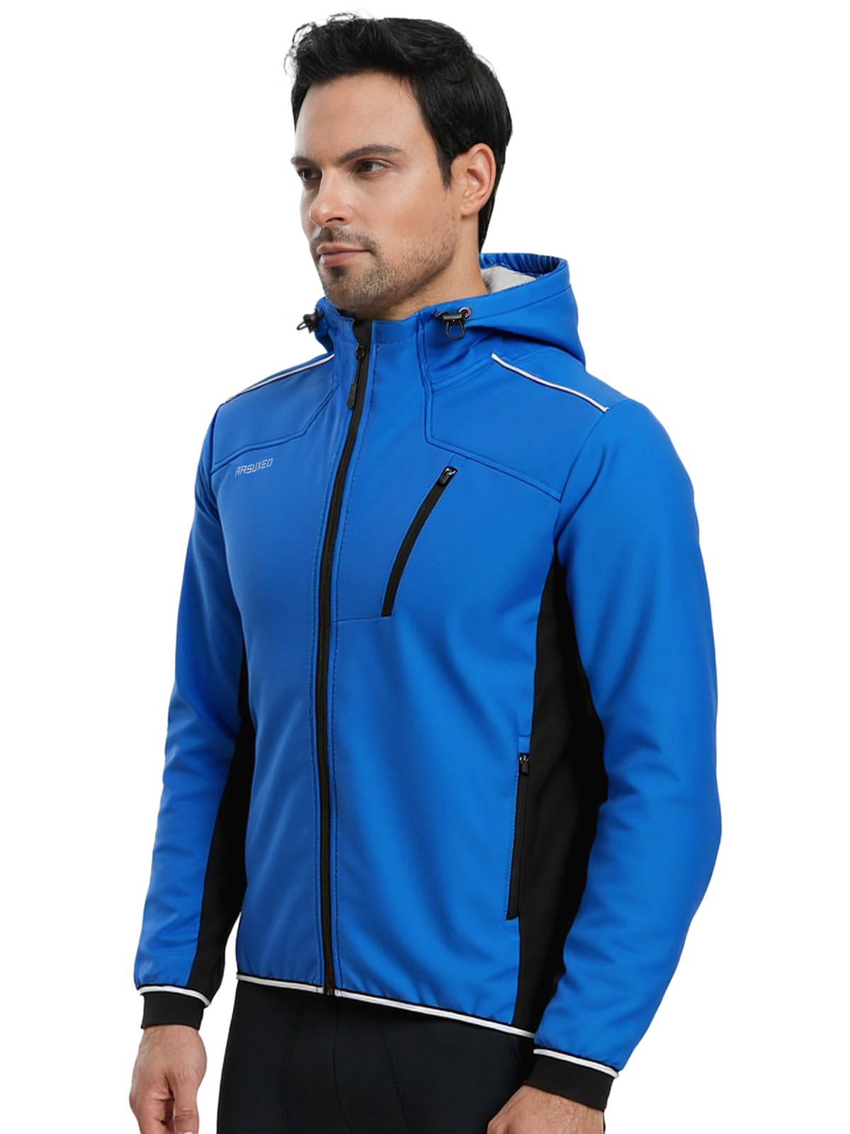 ARSUXEO Chaqueta de ciclismo para hombre, chaqueta de invierno con capucha, 3 bolsillos con cremallera para golf, senderismo, correr, actividades al aire libre 24F