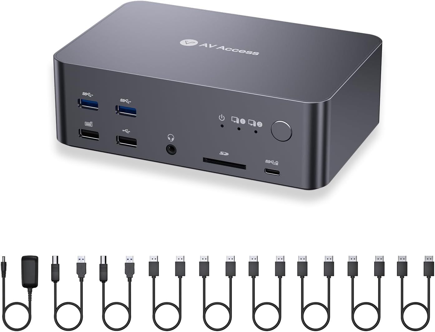 AV Access 8K DisplayPort KVM Switch 2 PC 3 Monitors, with 6 DP Cables, Triple Monitor 8K@60Hz 4K@165Hz 1080P@240Hz, USB 3.0 Hub, LAN, Audio, SD Card All-Aluminum, 12-in-1 Dock for Home Gaming