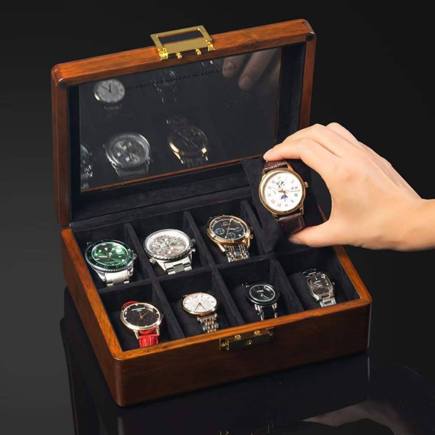 Porta Orologio in Legno Massello 8 Alloggi con Coperchio in Vetro Astuccio da Collezione Noce Custodia Espositiva Organizer, 8 Fodera di Velluto Nero Slot, Legno di Teak Dorato Massiccio