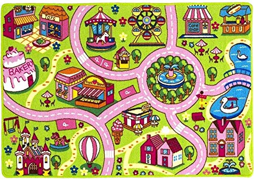 Champion Rugs Girls City Map Train Tracks Cars Educational Learning & Game Non-Slip Pink Play Mat Carpet for Kids and Children Bedrooms and Playroom (3 Feet X 5 Feet)