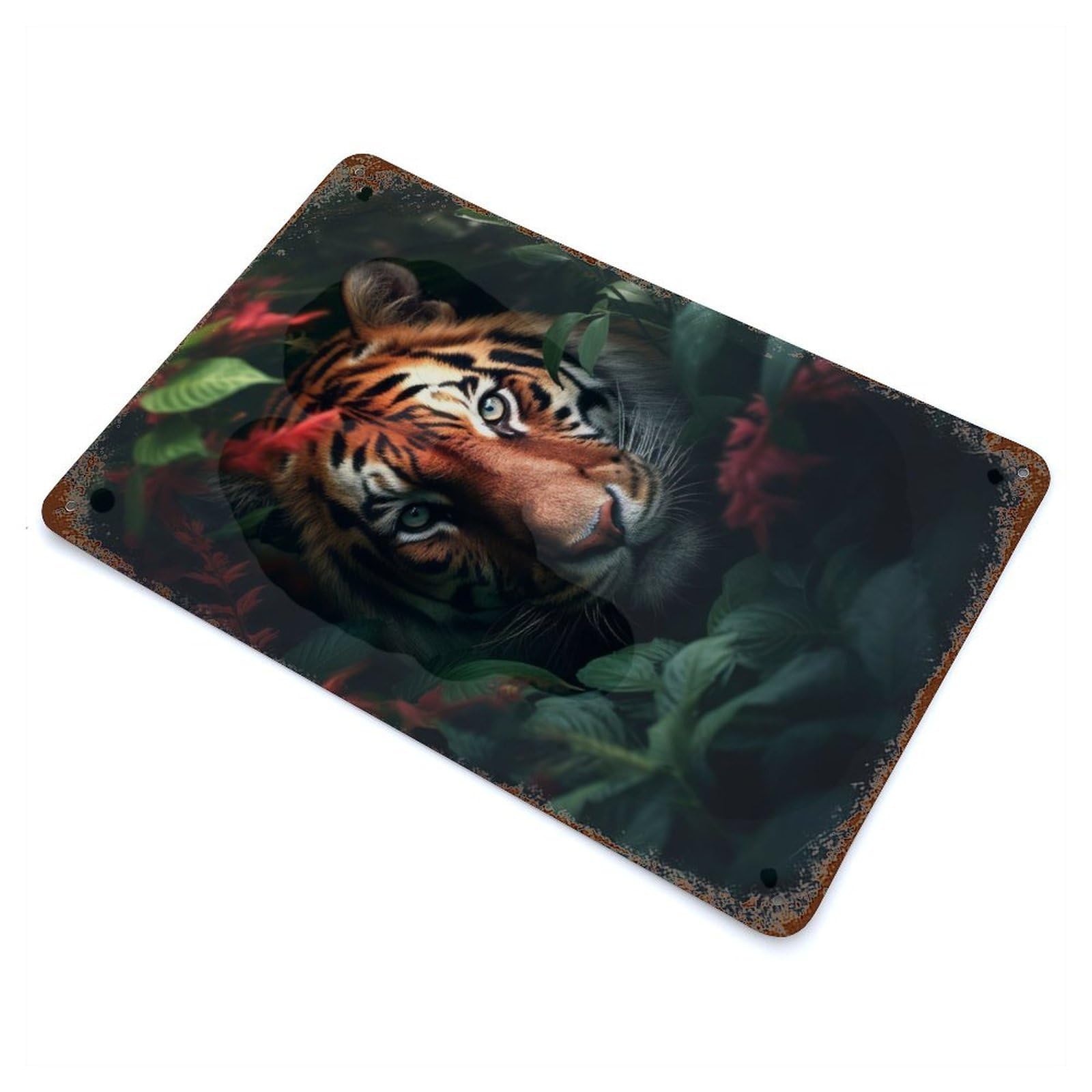 Distressed Metal Wall Sign with Tiger Jungle Flowers Design 11.8"x7.9", for Living Room, Hallway And Home Decor, Vintage Wall Decor