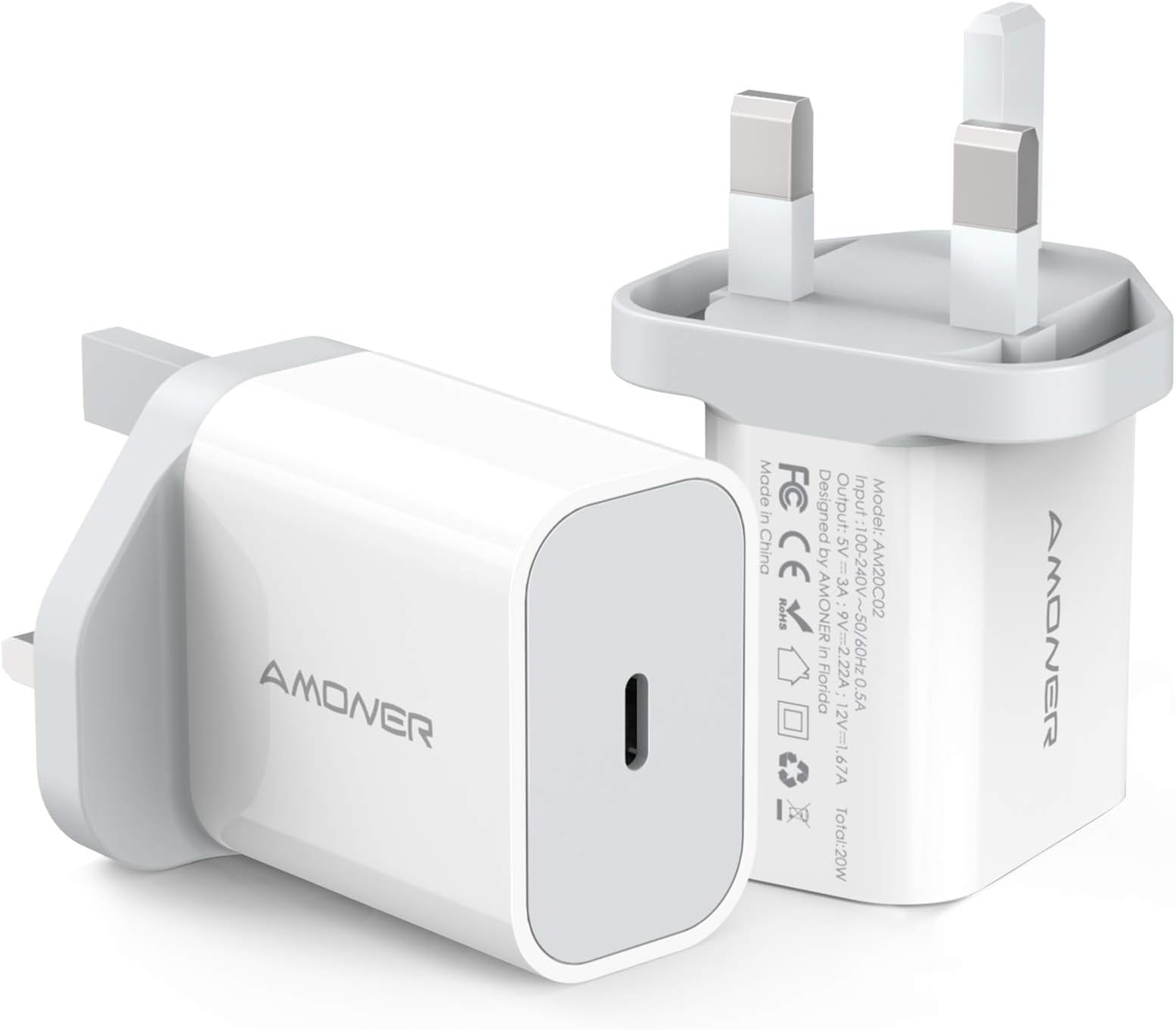 Amoner 20W USB Plug Charger, USB Wall Chargers Adapter Plug Power with Fast Charging Technology for Phone 12 Mini Pro Max 11 X Xr XS Max, Huawei Google Pixel 2/2 XL and More [2-Pack]