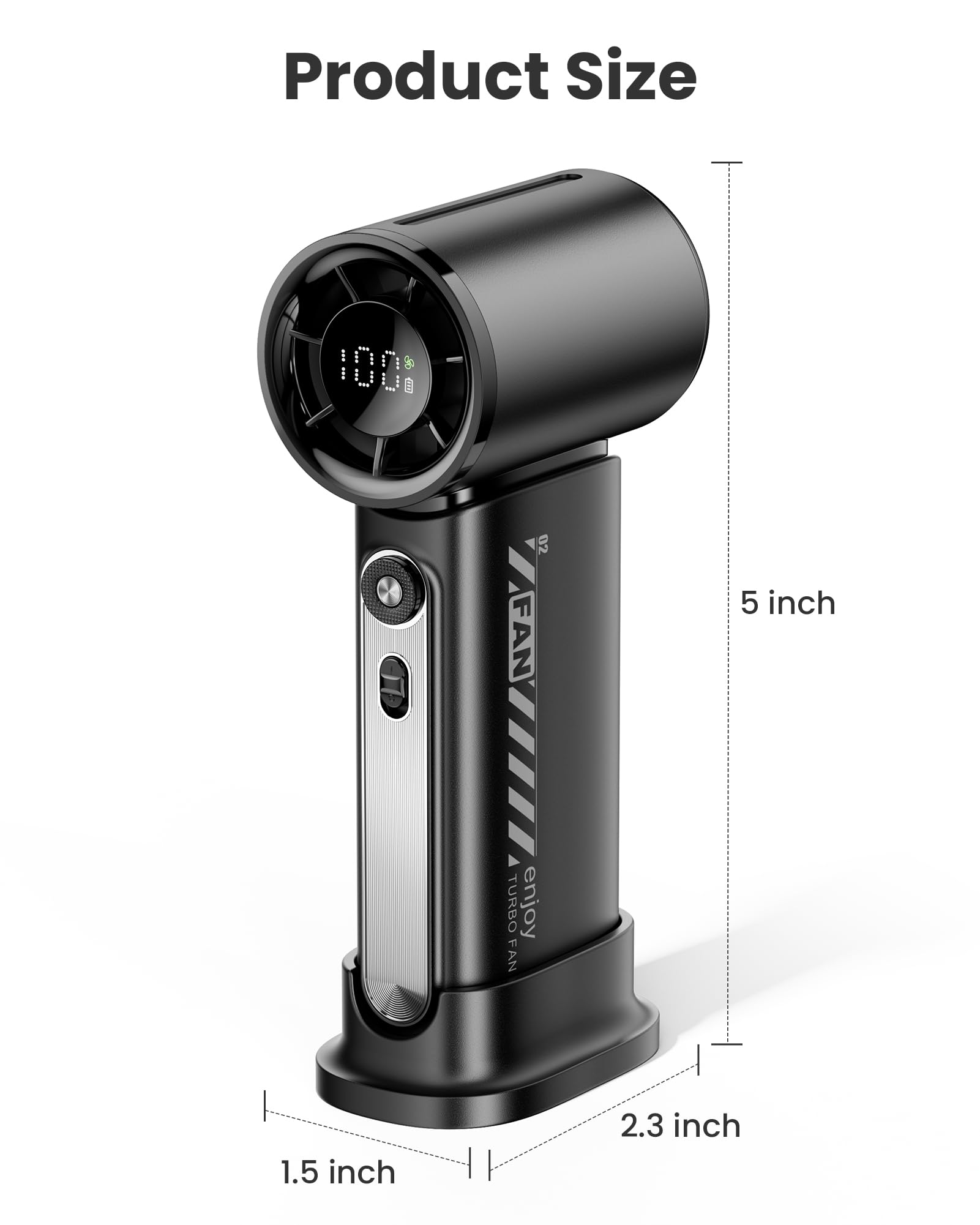 Ventilatore portatile portatile, 3600 mAh, potente mini ventilatore turbo, velocità (1-100) regolabile, tempo di raffreddamento massimo 12 ore, velocità di 19000 giri/min, display digitale, mini