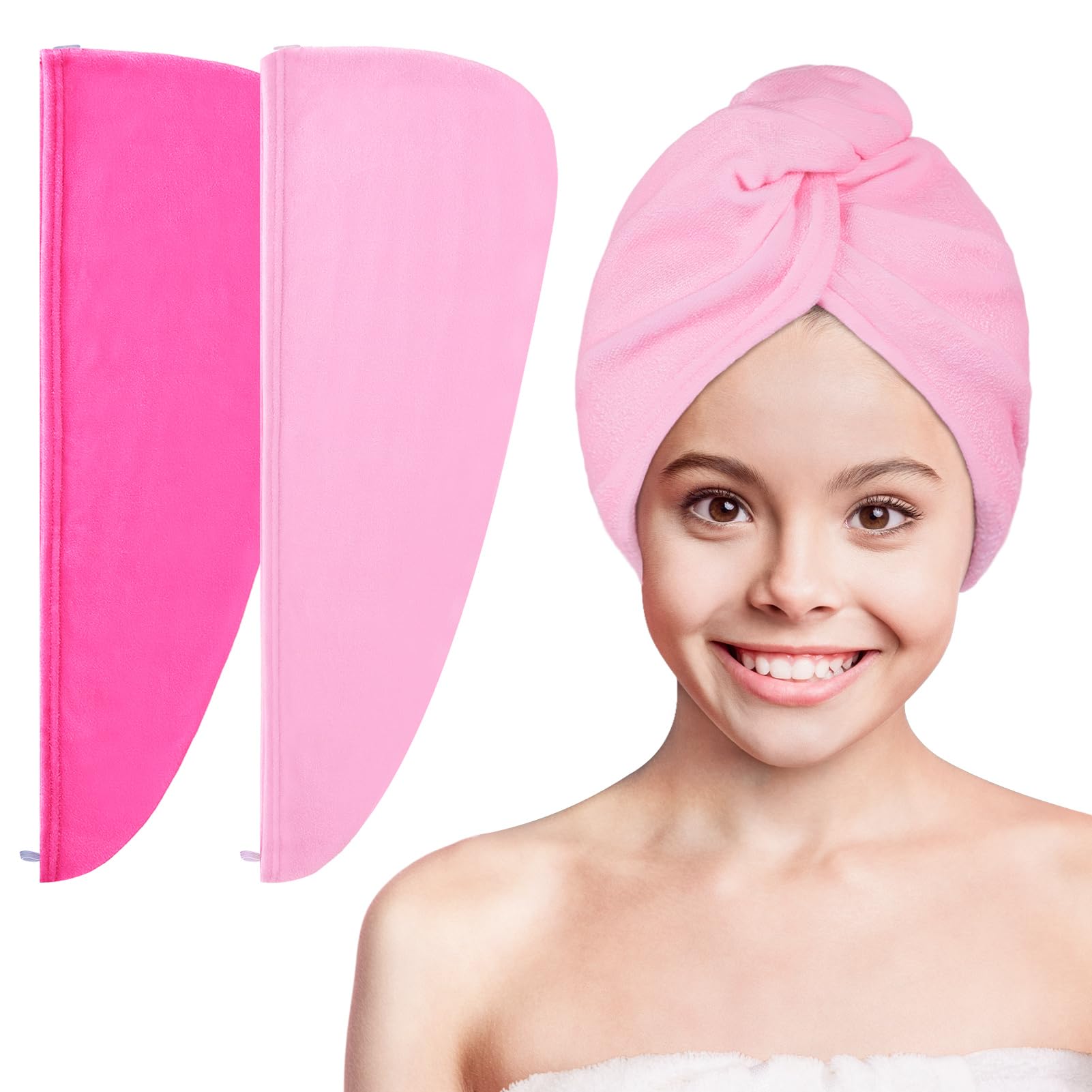 Basumee Microfiber Hair Towel Wrap for Kids, 2 Pack Hair Wrap Towels Drying Towel Wrap for Women Girls Hair Turban Towel for Wet Hair Wraps, Pink Rose Red