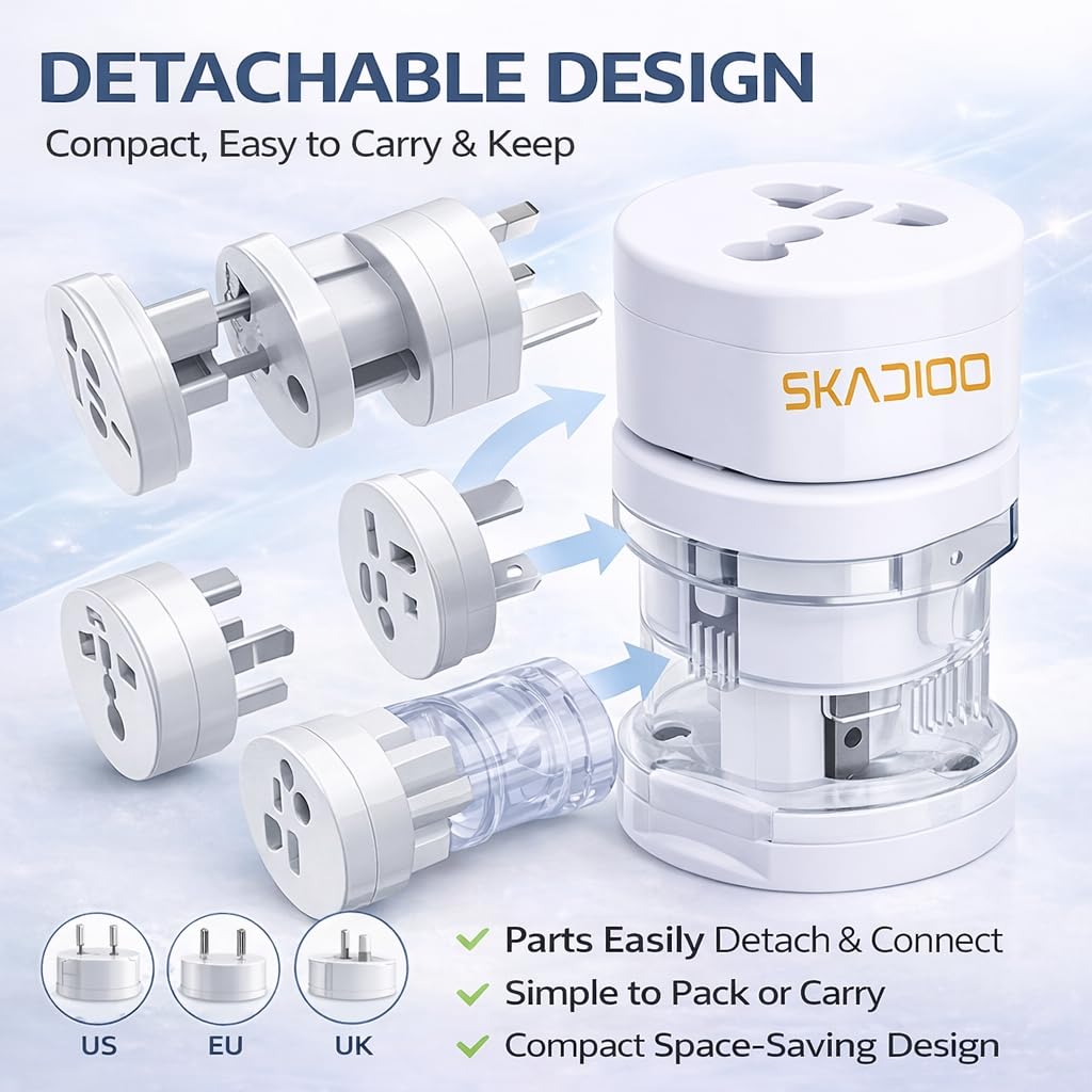 SKADIOO Universal Charger Adapter | 2 Years Warranty, 240V | Universal Travel Adapter All in One, International Travel Adapter for 150+ Countries, Ideal for Worldwide Travel (White, Set of 1) — Amazon image 3