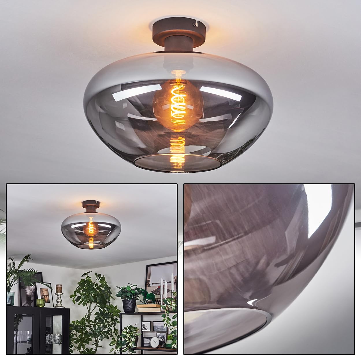 Plafonnier HOFSTEIN Mertola, plafonnier à 1 ampoule en métal/verre noir/gris fumé, luminaire moderne au design rétro/vintage (Ø 35 cm), E27, salle à manger, salon, chambre à coucher, cuisine, bureau