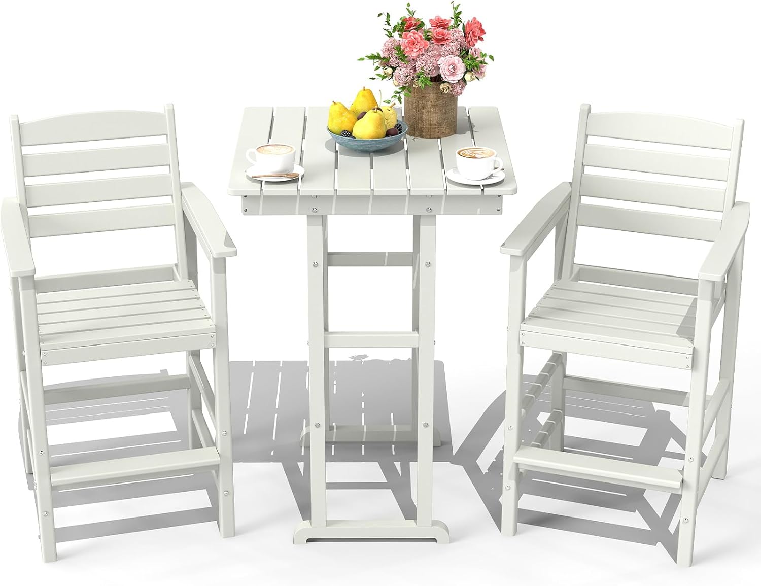 3-Piece Adirondack Bar Table and Chair Set, HDPE All-Weather Bar Height Chairs Set of 2 with Bar Table, Outdoor Patio Bar Set for Bistro, Balcony, Patio, Poolside, White
