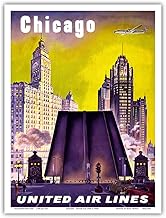 Chicago USA - The Tribune Tower Wrigley Building and Michigan Avenue Bridge - United Air Lines - Vintage Airline Travel Poster c.1950s - Master Art Print (Unframed) 9in x 12in