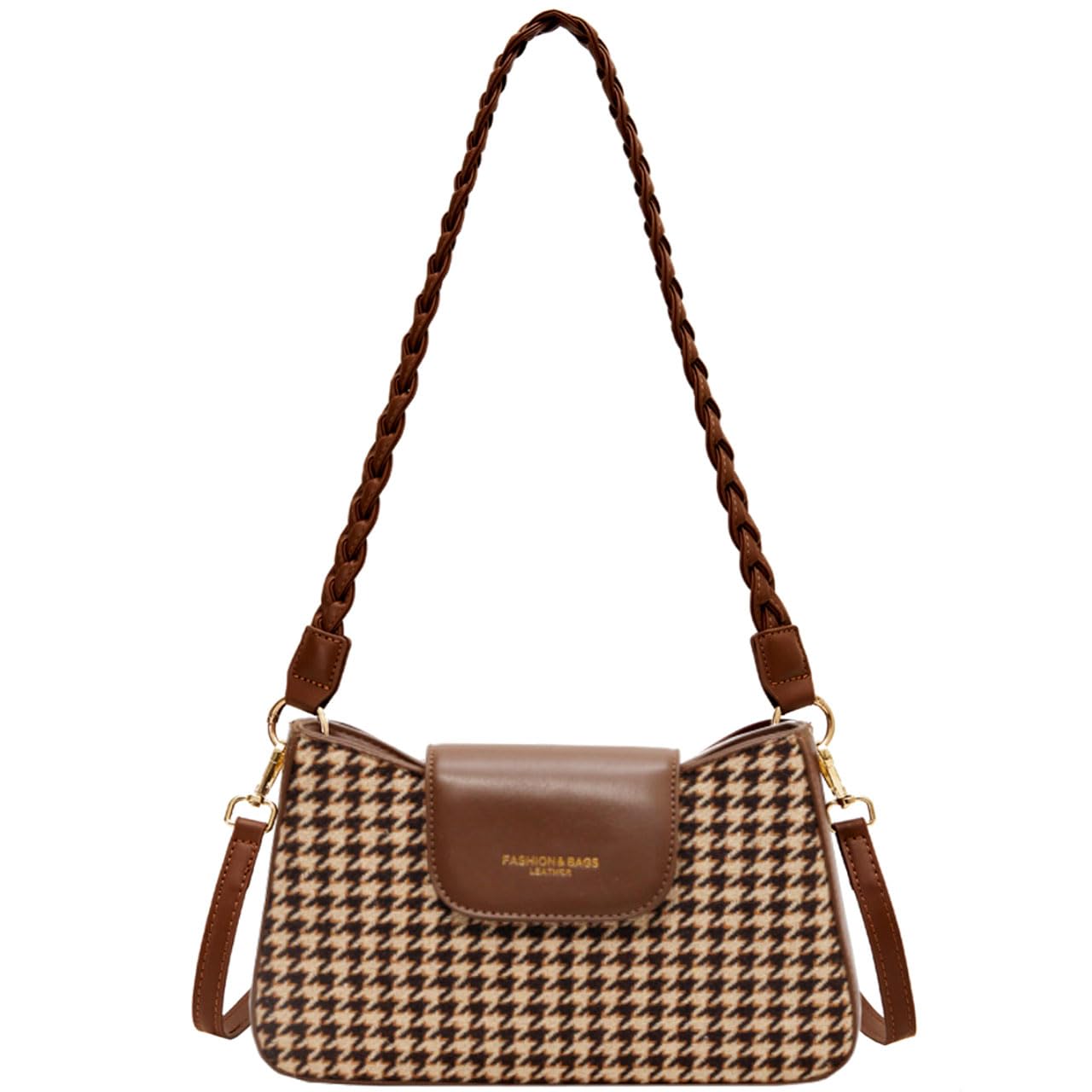 RTGGSEL Women's Contrast Color Plaid Striped Saddle Crossbody Shoulder Underarm Satchel Handbag Tote Clutch Purse Hobo Bag (Brown Houndstooth)