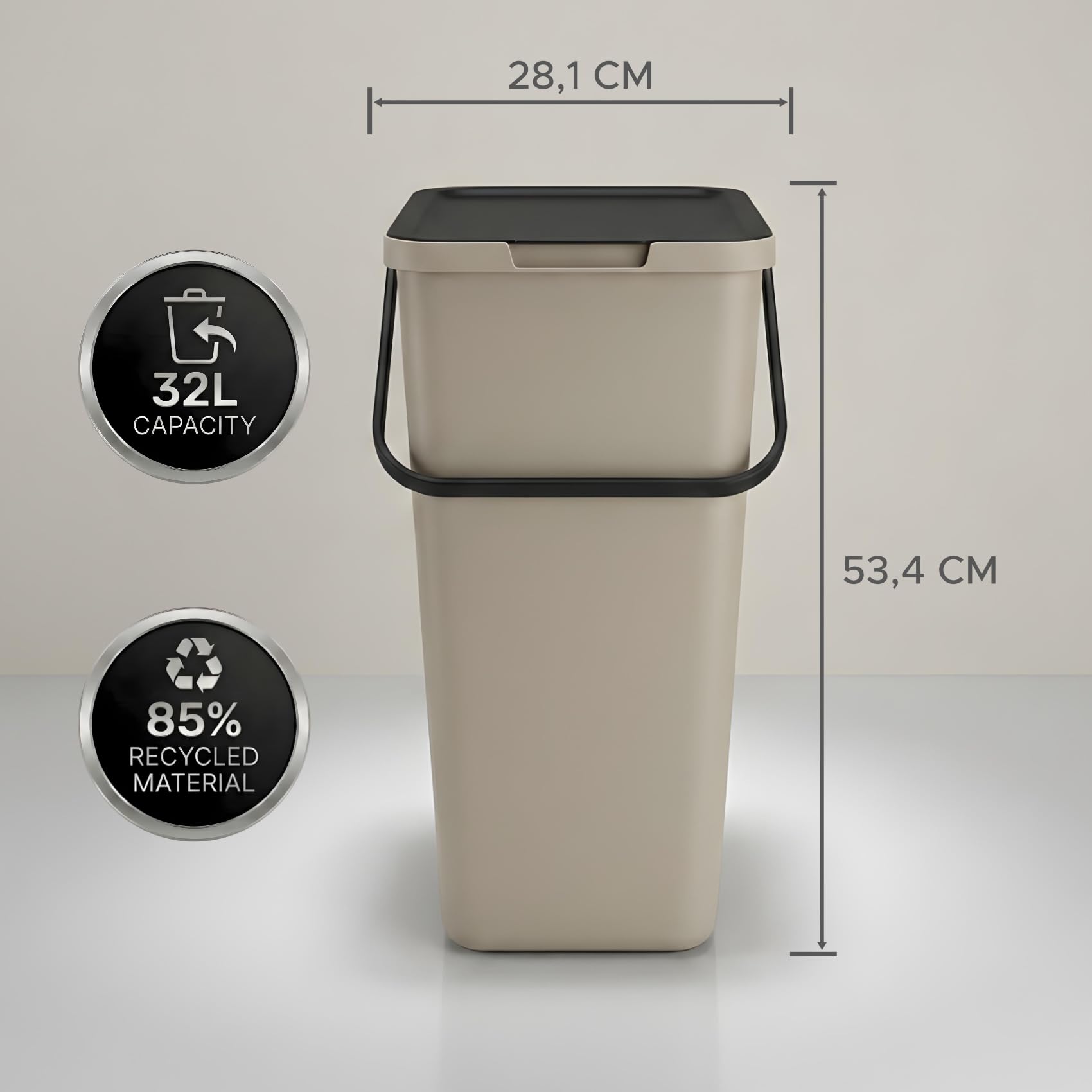 Mülltrennsystem 3 fach, 3x 32l beige, groß, Mülleimer freistehend, geruchsdicht, 34x28x53(H) cm