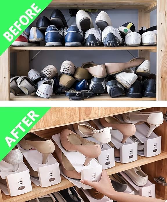 HYGRAD® 12 Pack Shoe Organiser Slots 3 Level Height Adjustable Shoe Organising Holders Space Saving For Shoes Suitable For All Shoes Shoe Rack Organiser (Black)