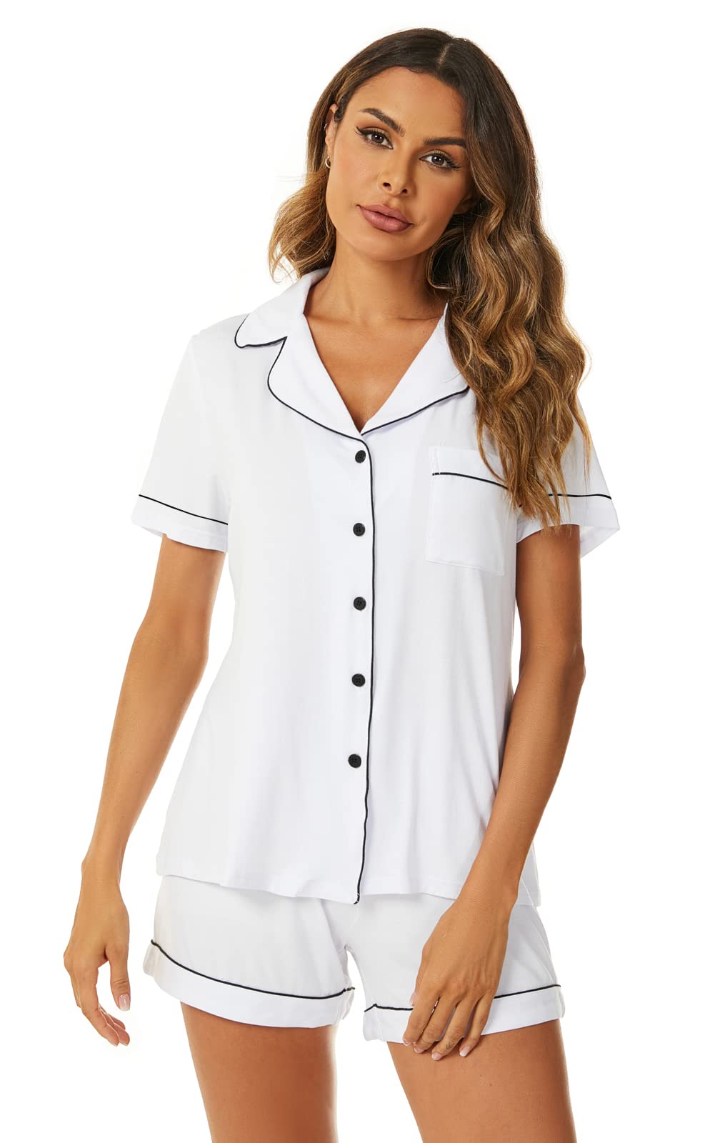 Aamikast Button Up Pajama Set for Women Shorts Short Sleeve Knit Sleepwear 2 Pice Pjs Sets
