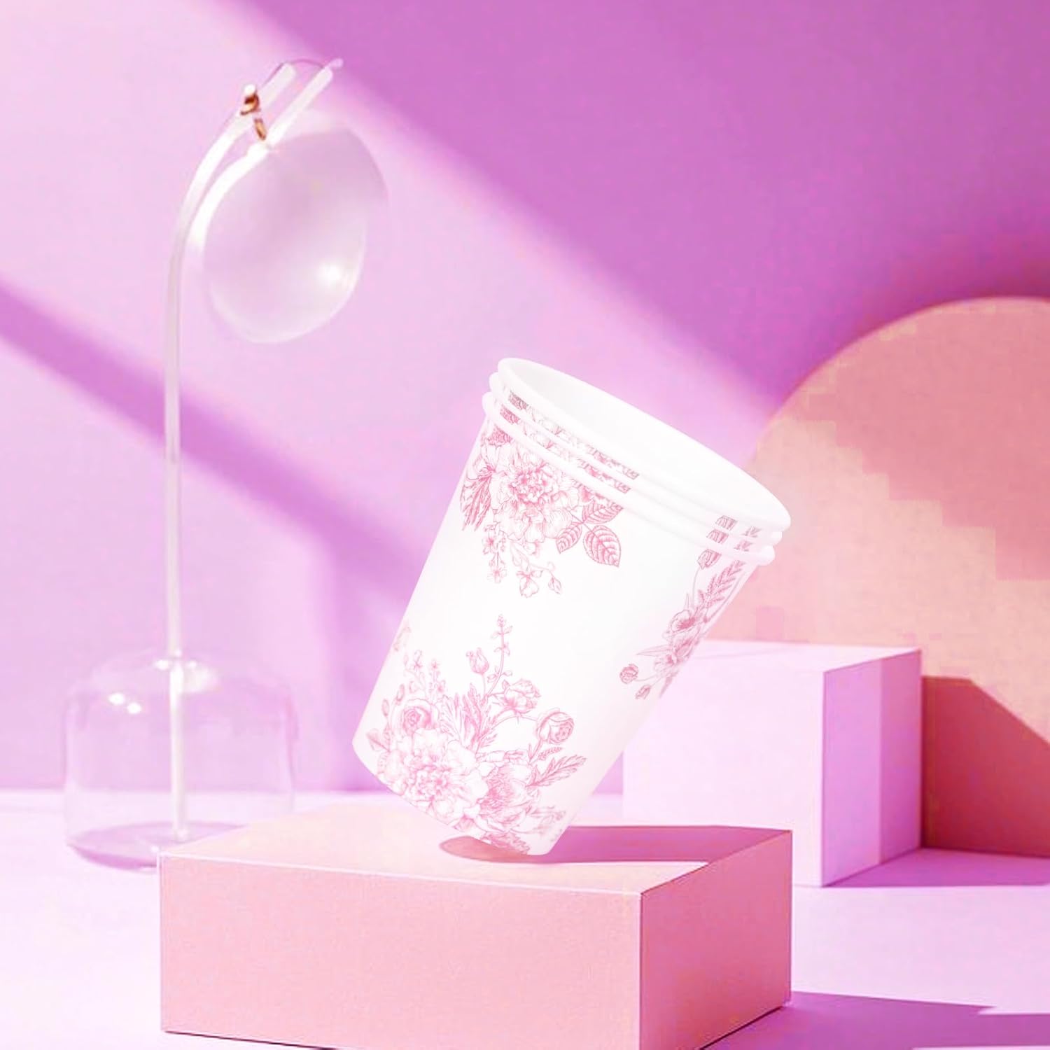 50Pcs 9oz Floral Paper Cups Pink Flowers Cups Disposable Pink and White Drinking Cups for Cold Hot Drinks Party Supplies - Image 5