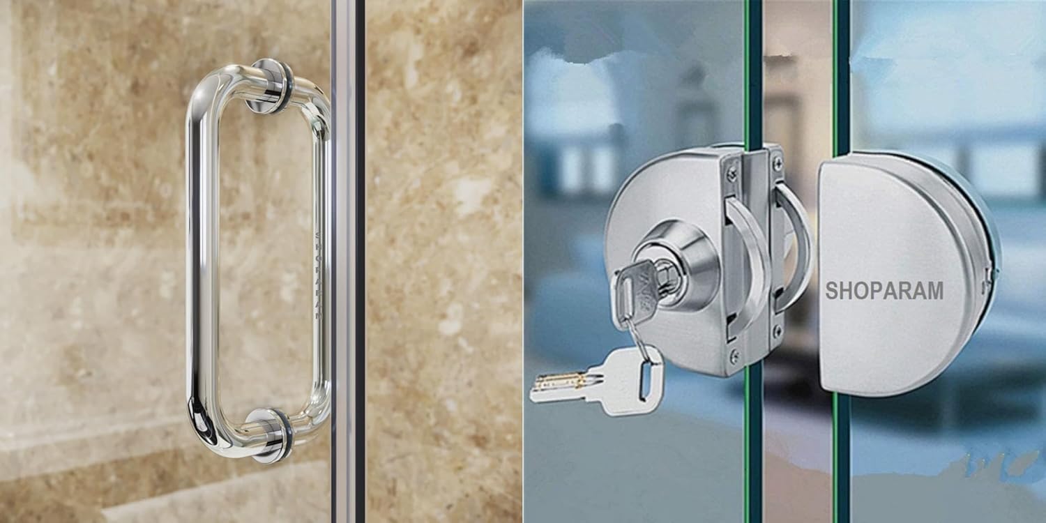 SARNESHWERAM Stainless Steel Door Lock with 10 Inch D Shape Handle Silver No Drilling for 10mm to 12mm Frameless Glass Panel Lock and Pull Set Heavy Duty Commercial Entrance Hardware Kit