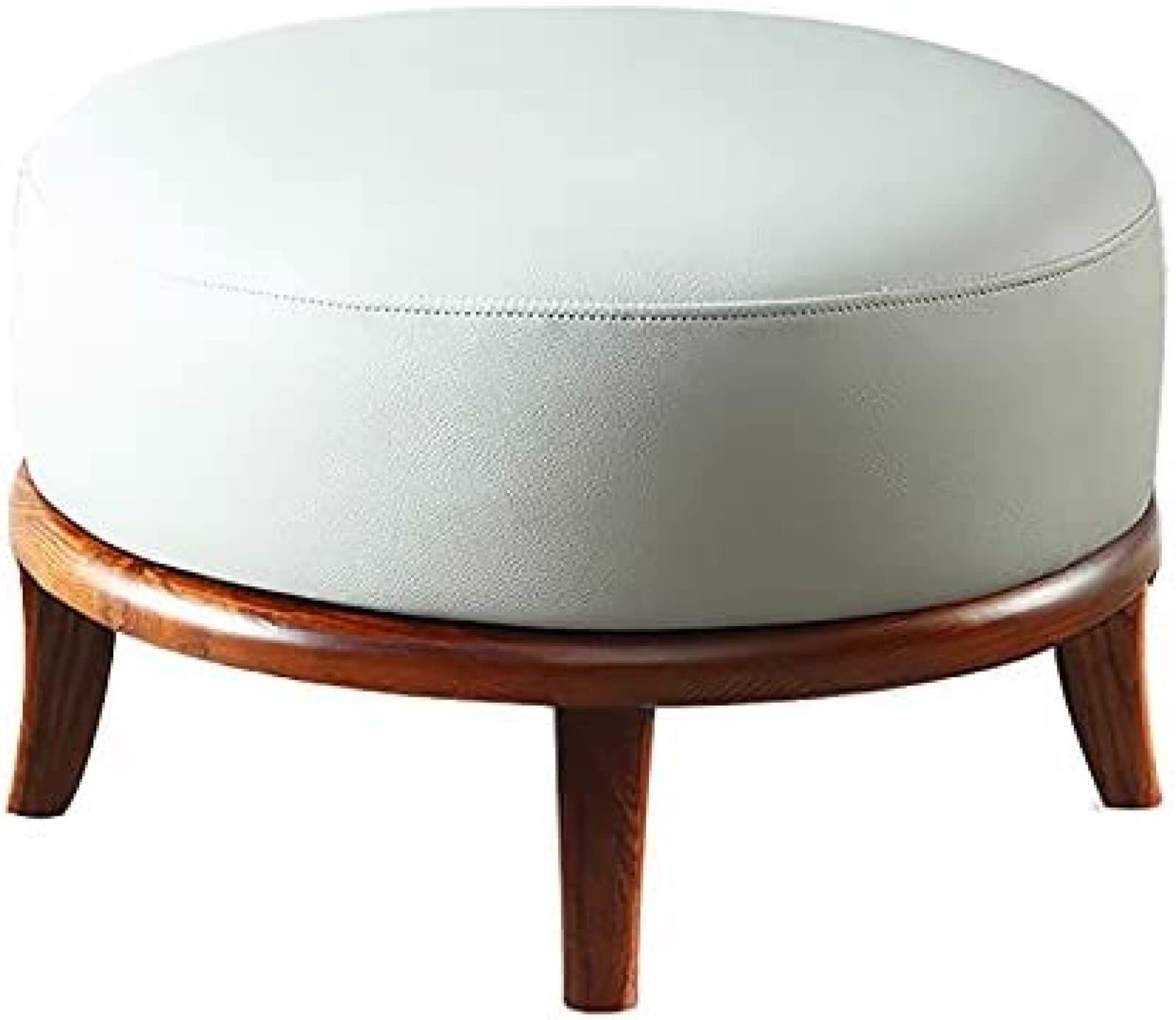 Repose-Pieds Rond en Cuir Ivoire et Bois Massif 41 x 41 x 32 cm