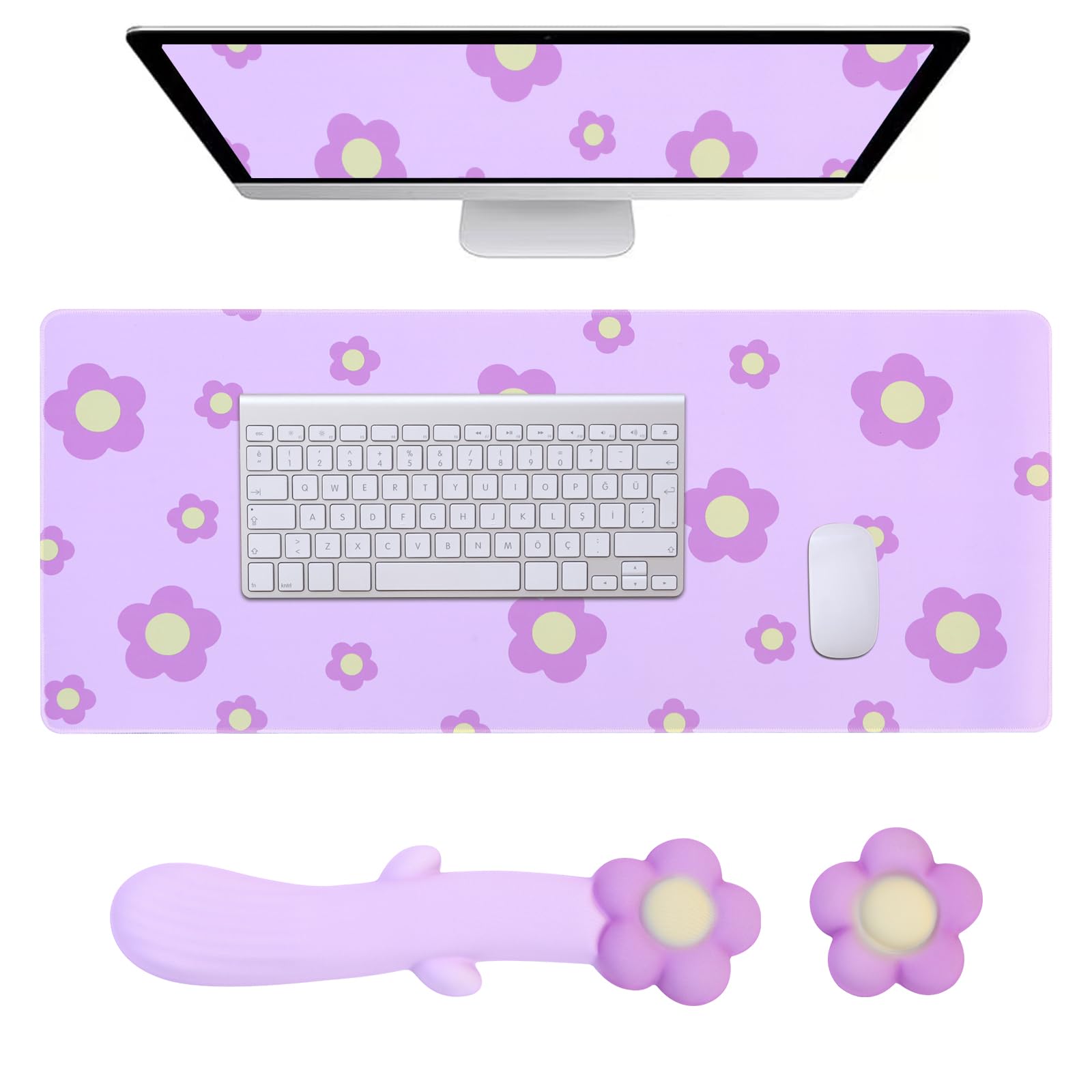 HDAYM 3 in 1 Flower Mouse Pad and Keyboard Wrist Rest,Large Gaming Mouse Pad for Desk, Ergonomic Memory Foam Filling Wrist Pad,Pain Relief (Purple)
