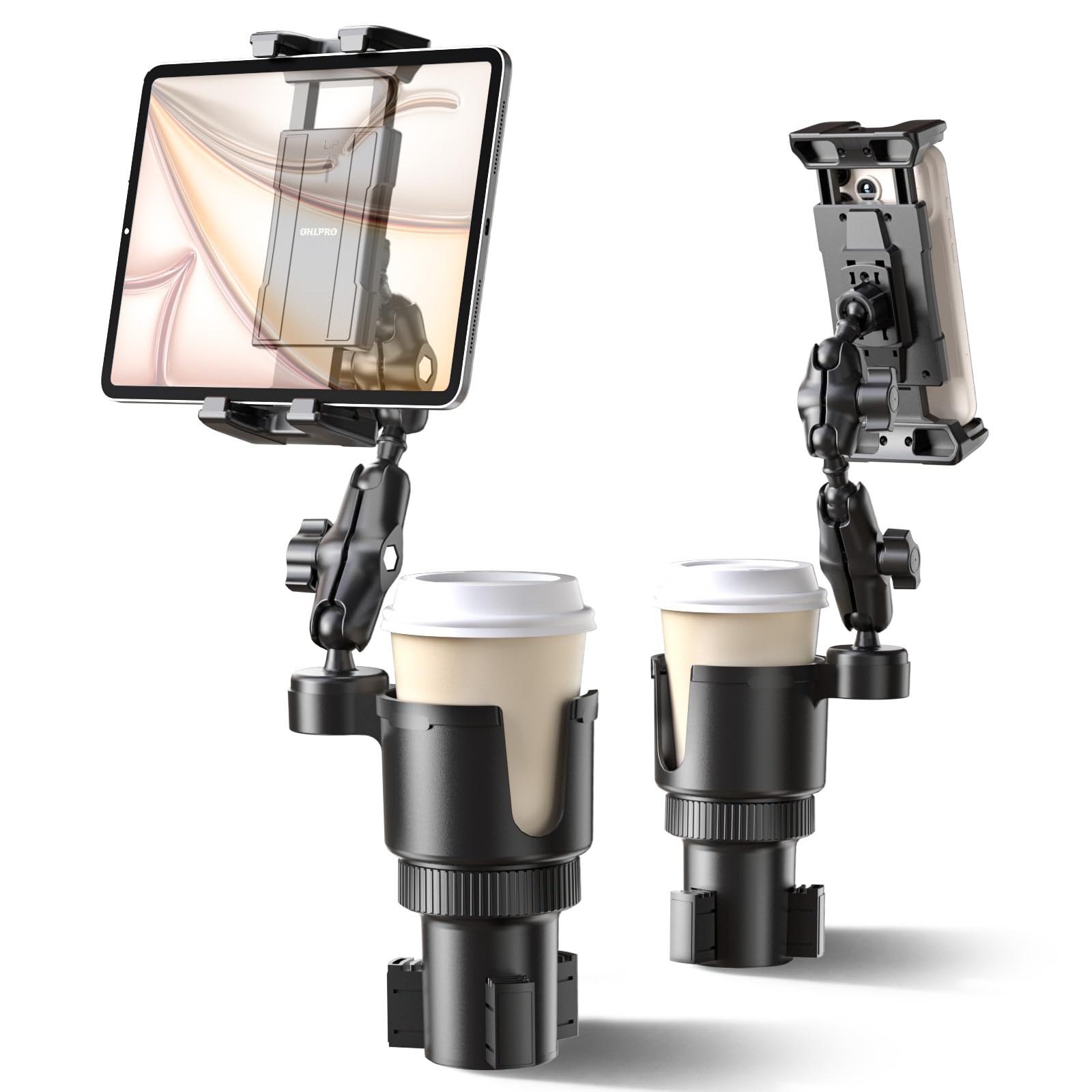 OHLPRO Soporte para tablet para coche, soporte para bebidas, 2 en 1, soporte para coche, iPad con brazo ajustable de aluminio, soporte para tablet de 5 a 13 pulgadas, iPhone 17, iPad Pro Mini, Air