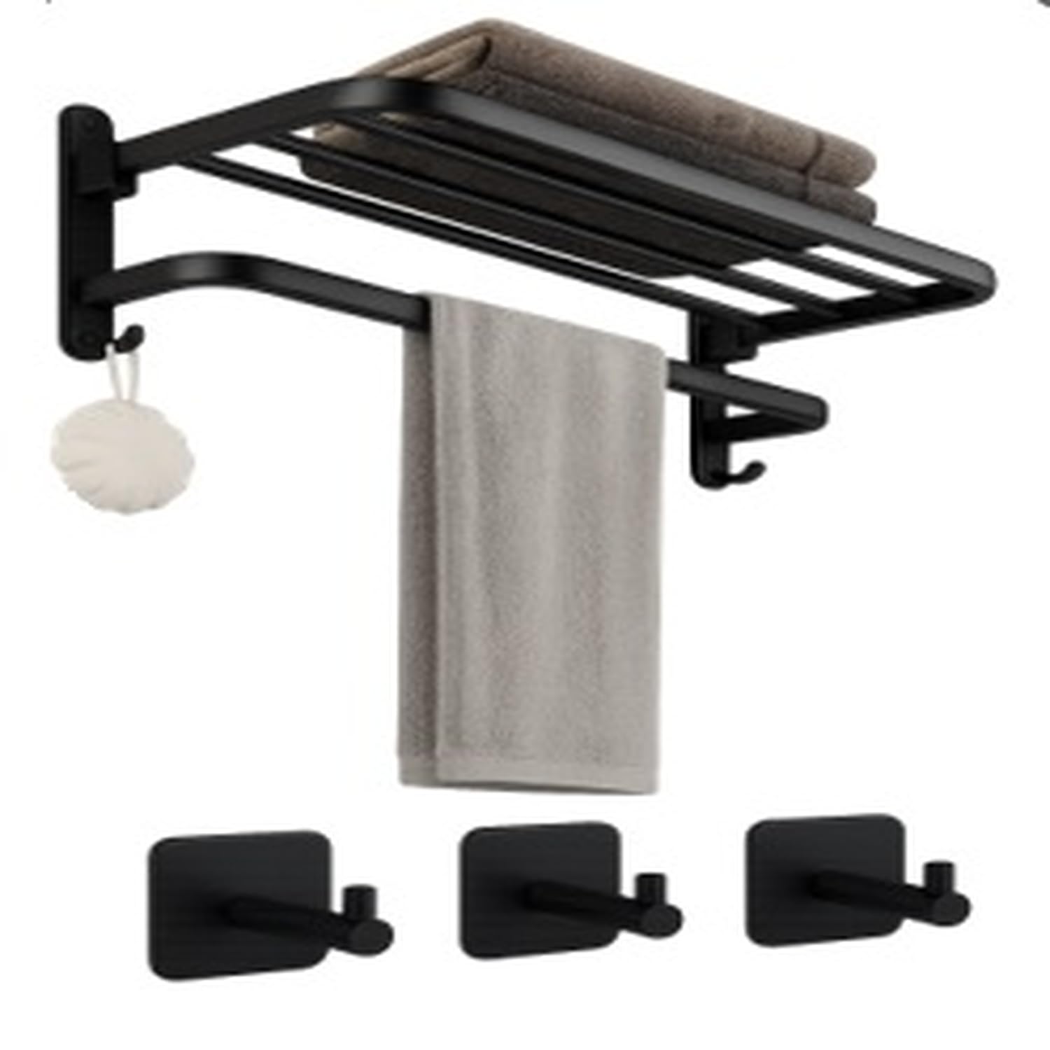 P&C HOGAR Toallero Baño Adhesivo sin Taladro con Estantes y 4 Ganchos - Acero Inoxidable Negreo Mate - Resistente al Agua - Organizador para Toallas y Accesorios,