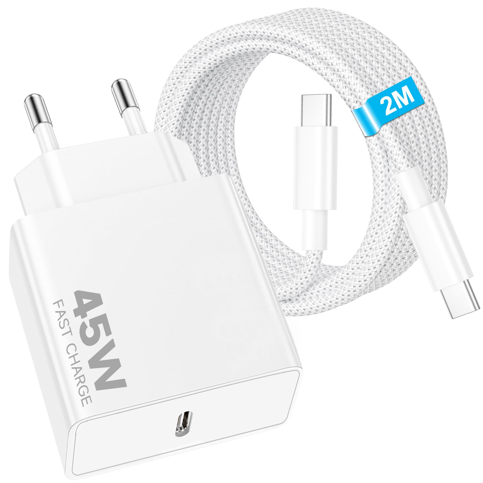 45W USB C Ladegerät mit Ladekabel für Apple iPhone 17/17Pro/17Pro Max/Air/16/16 Pro/16 Pro Max/15/15 Plus/15 Pro/15 Pro Max/iPad/Samsung S26 25, USB C Schnellladegerät mit 2M Nylongeflecht USBC Kabel